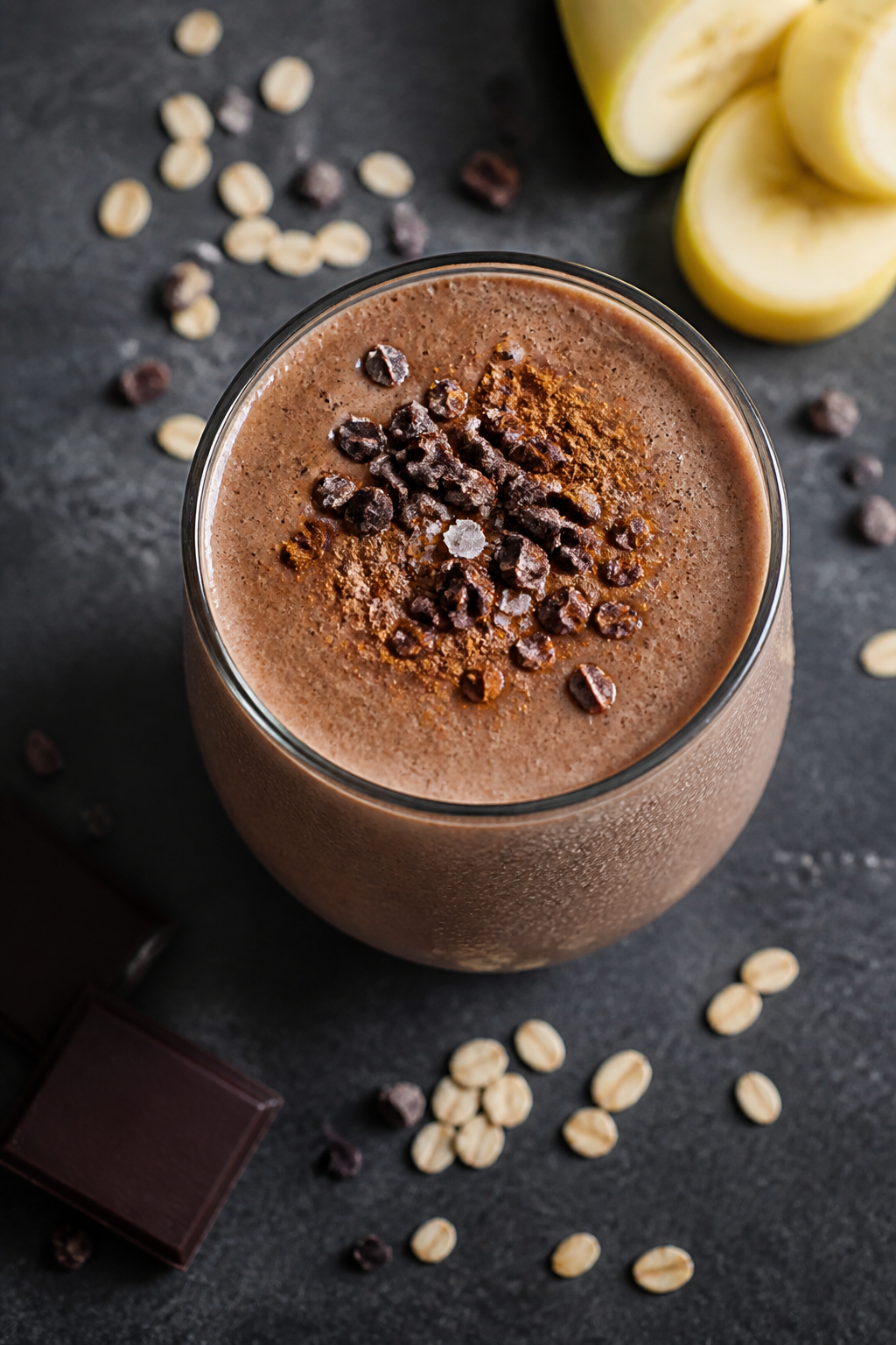 Tasty top view: Overhead shot of the finished Chocolate Banana Protein Shake poured into a chilled g