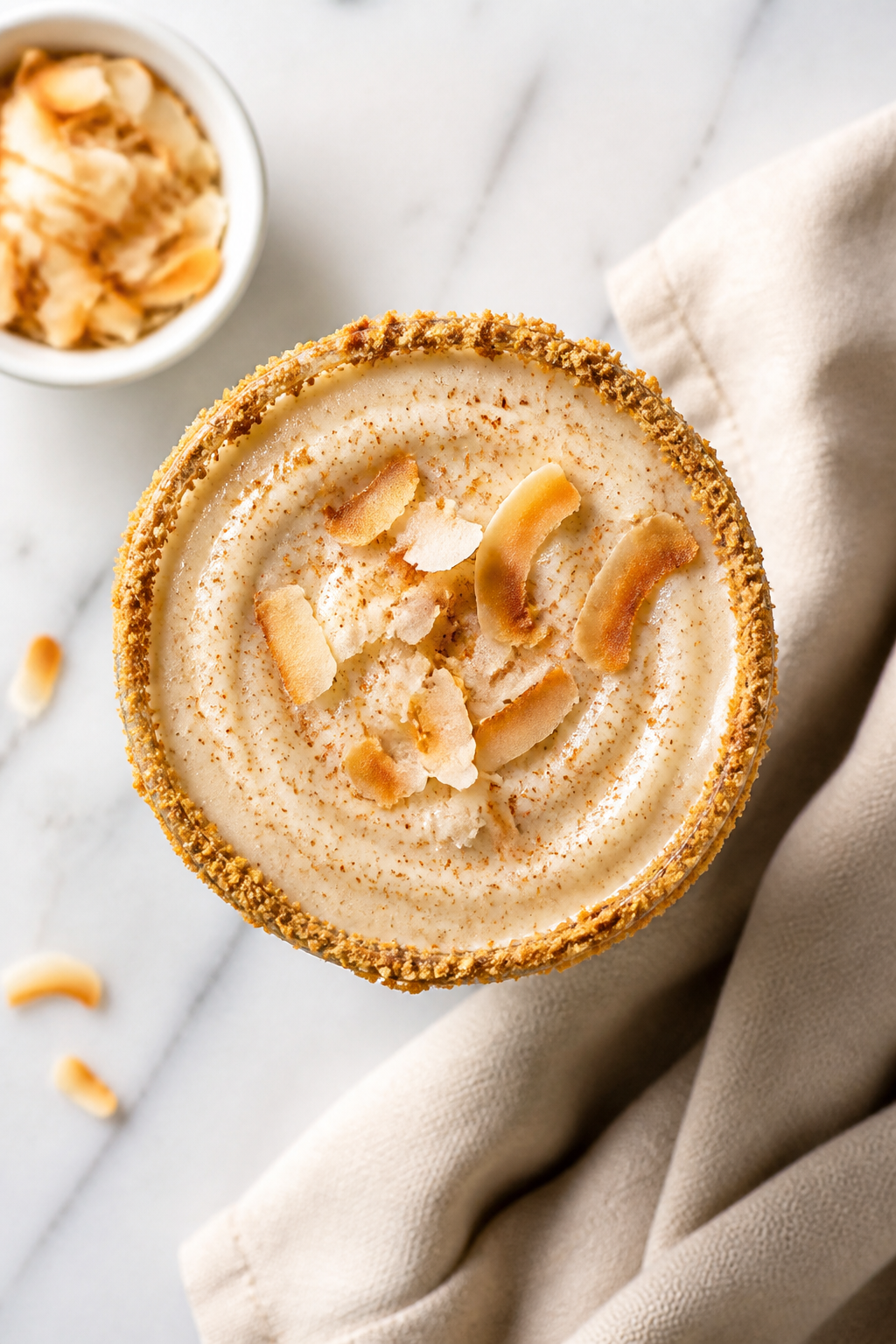 Tasty top view: Overhead shot of the finished Coconut Cream Pie Protein Shake in a tall glass, toppe