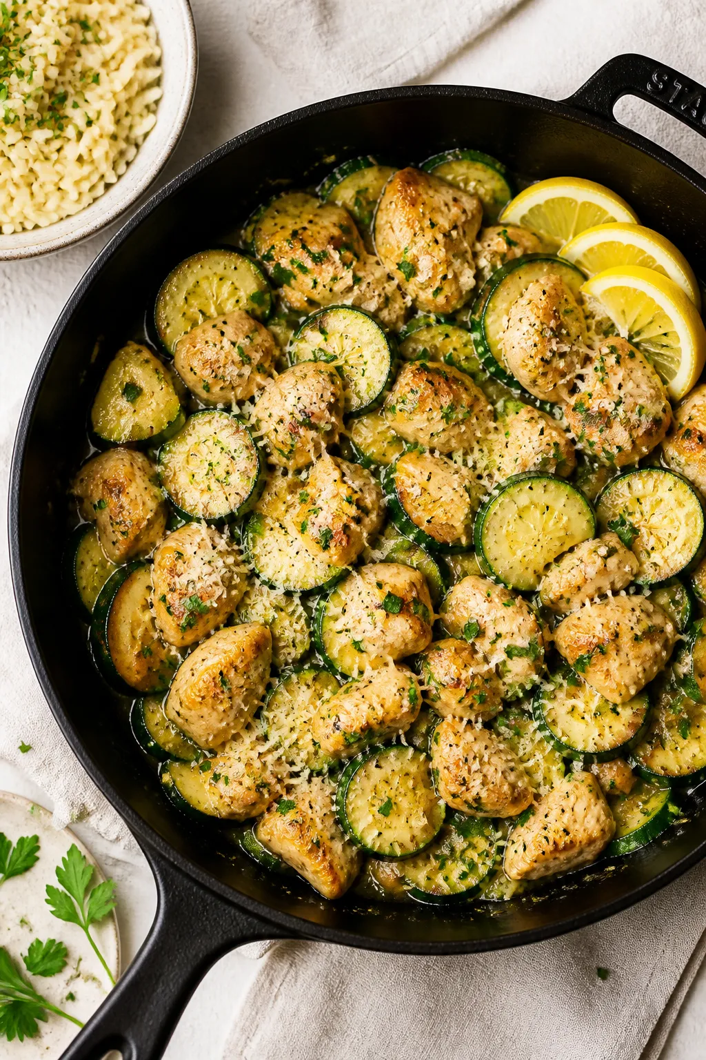 Tasty top view: Overhead shot of the finished Garlic Butter Chicken and Zucchini Skillet, chicken an