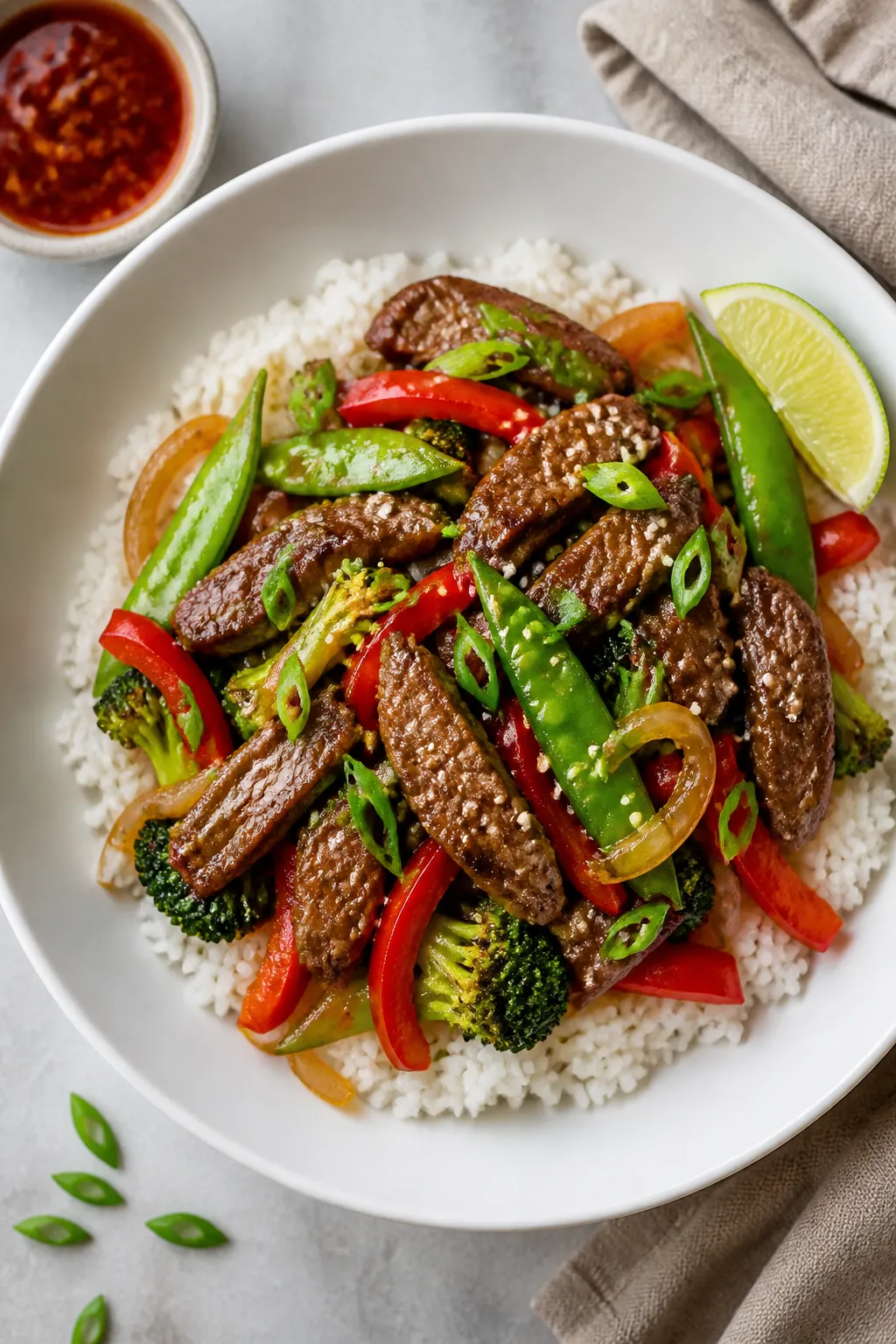 Tasty top view: Overhead shot of the finished High Protein Steak Stir Fry served over fluffy jasmine
