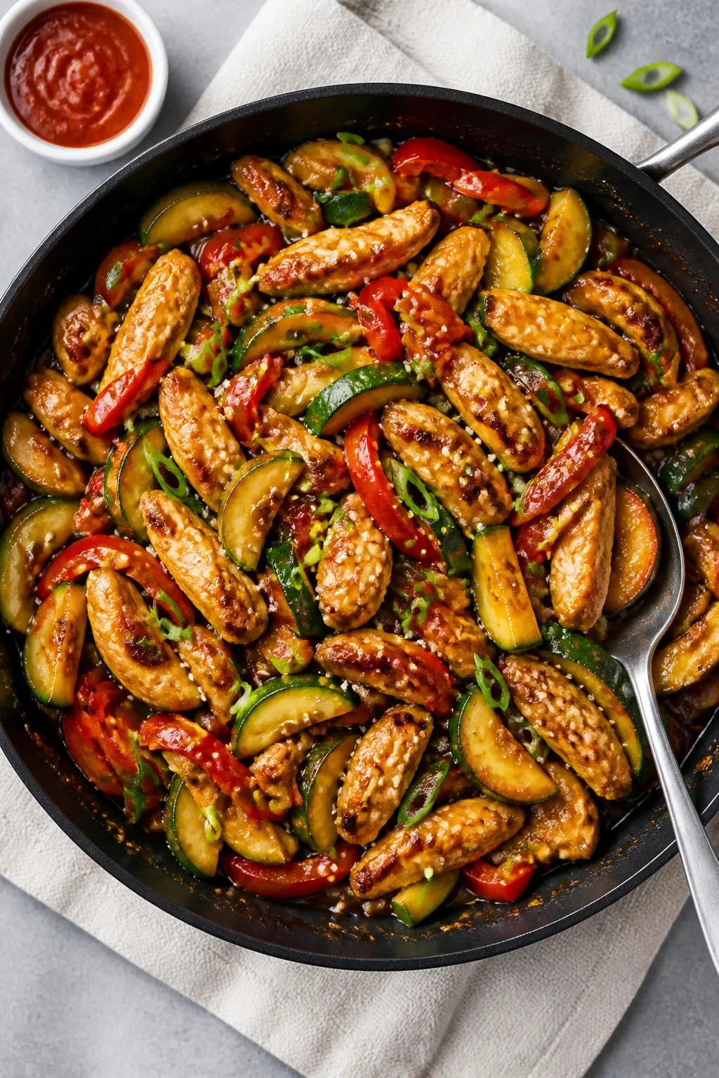 Tasty top view: Overhead shot of the finished High Protein Chicken Zucchini Stir Fry served family-s