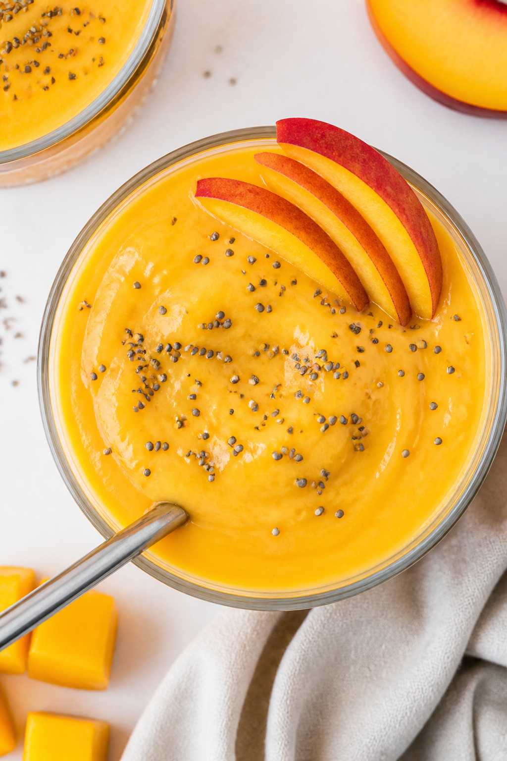 Tasty top view: Overhead shot of the finished High Protein Peach Mango Smoothie in a wide-mouth glas