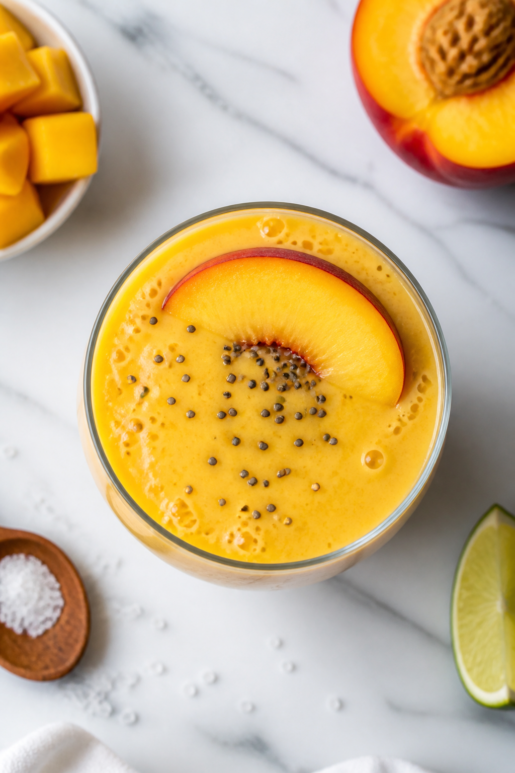 Tasty top view: Overhead shot of the finished Mango Peach Protein Shake poured into a chilled glass,