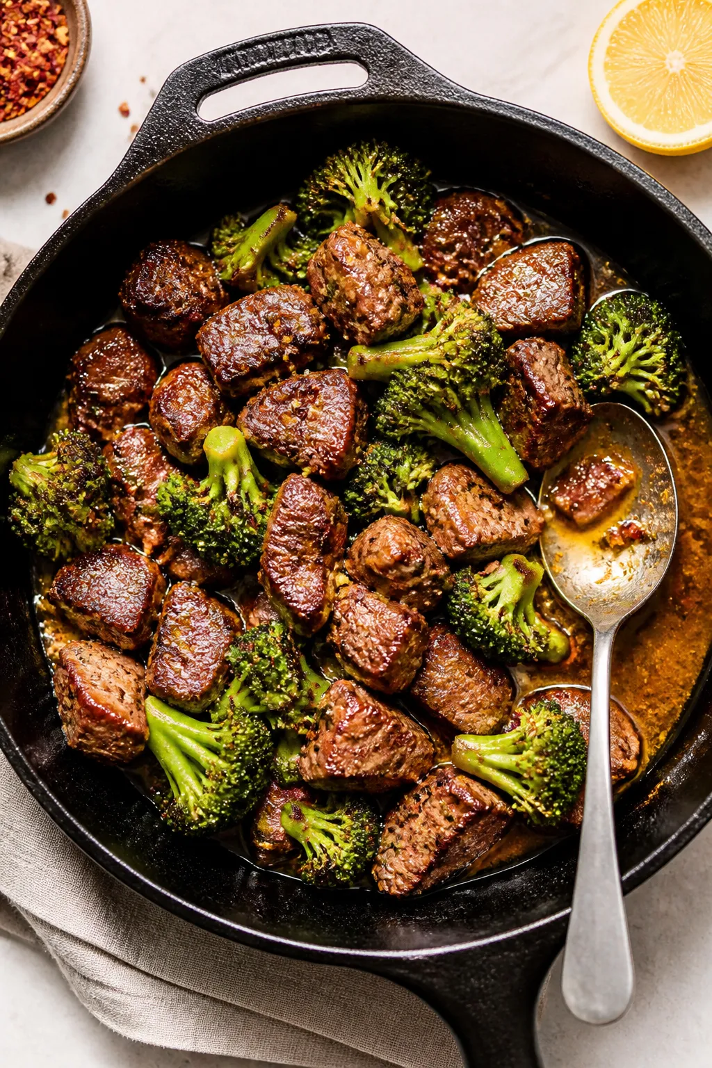 Tasty top view: Overhead shot of the finished one-pan meal in a cast-iron skillet; steak bites arran