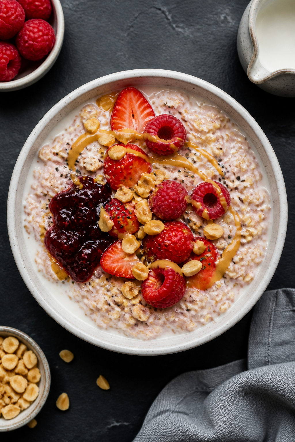 Tasty top view: Overhead shot of the finished Peanut Butter & Jelly Protein Overnight Oats served in