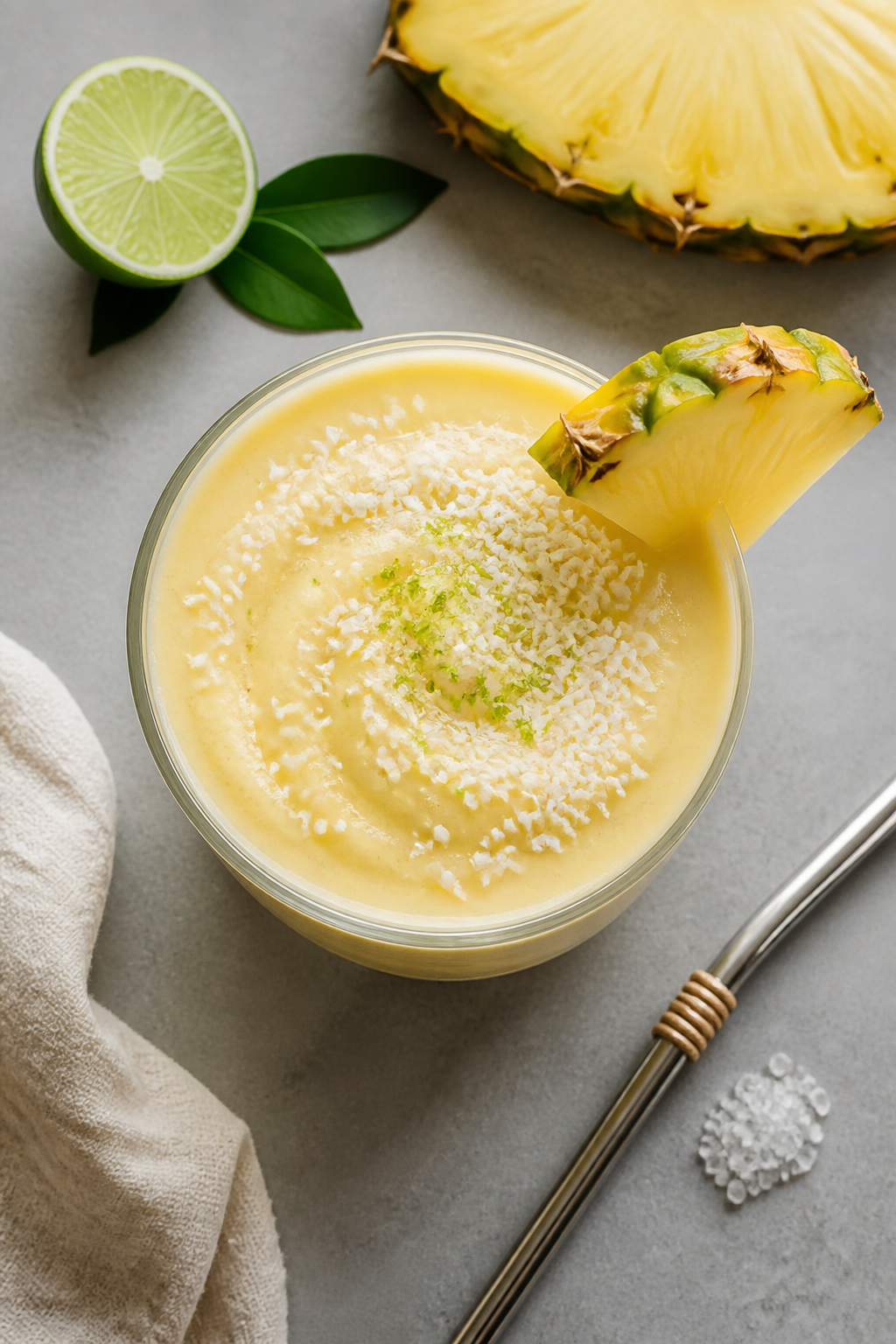 Tasty top view: Overhead shot of the finished Pineapple Coconut Protein Smoothie in a wide tumbler,