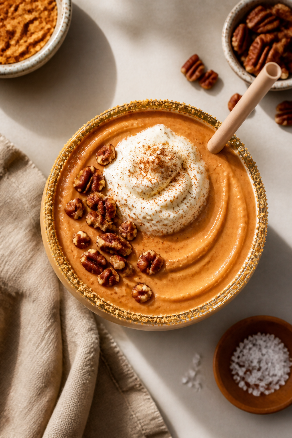 Tasty top view: Overhead shot of the finished Pumpkin Pie Protein Smoothie served in a wide tumbler,