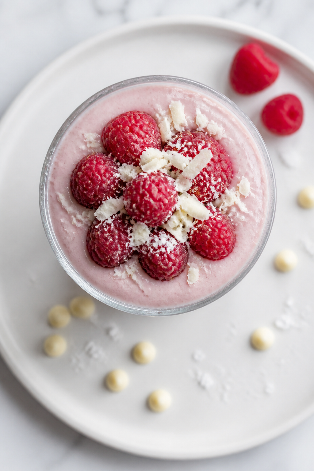 Tasty top view: Overhead shot of the finished Raspberry White Chocolate Protein Shake in a frosty gl
