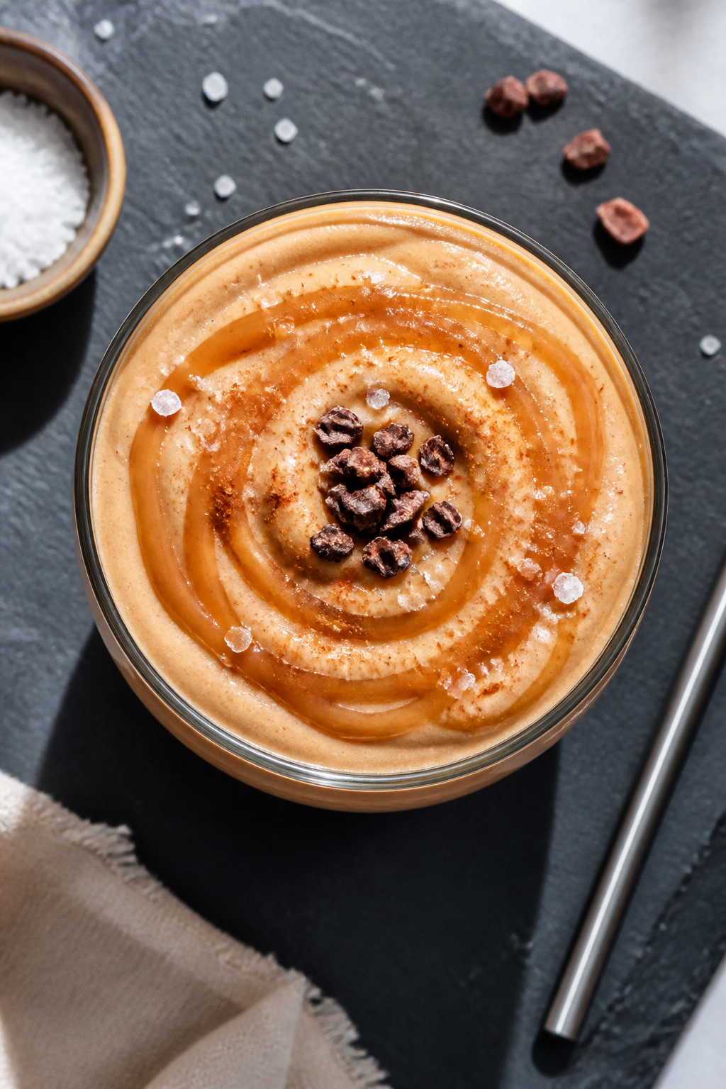 Tasty top view: Overhead shot of the finished Salted Caramel Protein Smoothie served in a wide tumbl