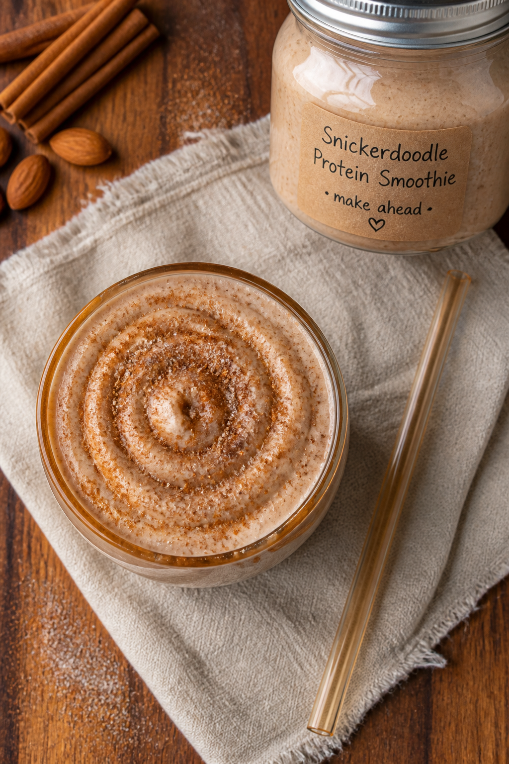 Tasty top view: Overhead shot of the finished Snickerdoodle Protein Smoothie served in a wide-mouth 