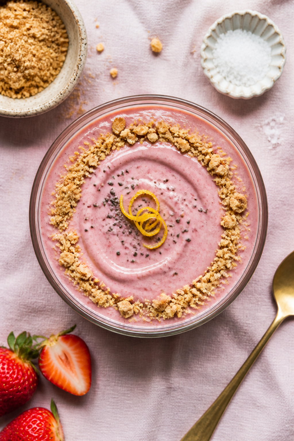 Tasty top view: Overhead shot of the finished Strawberry Cheesecake Protein Smoothie served in a wid