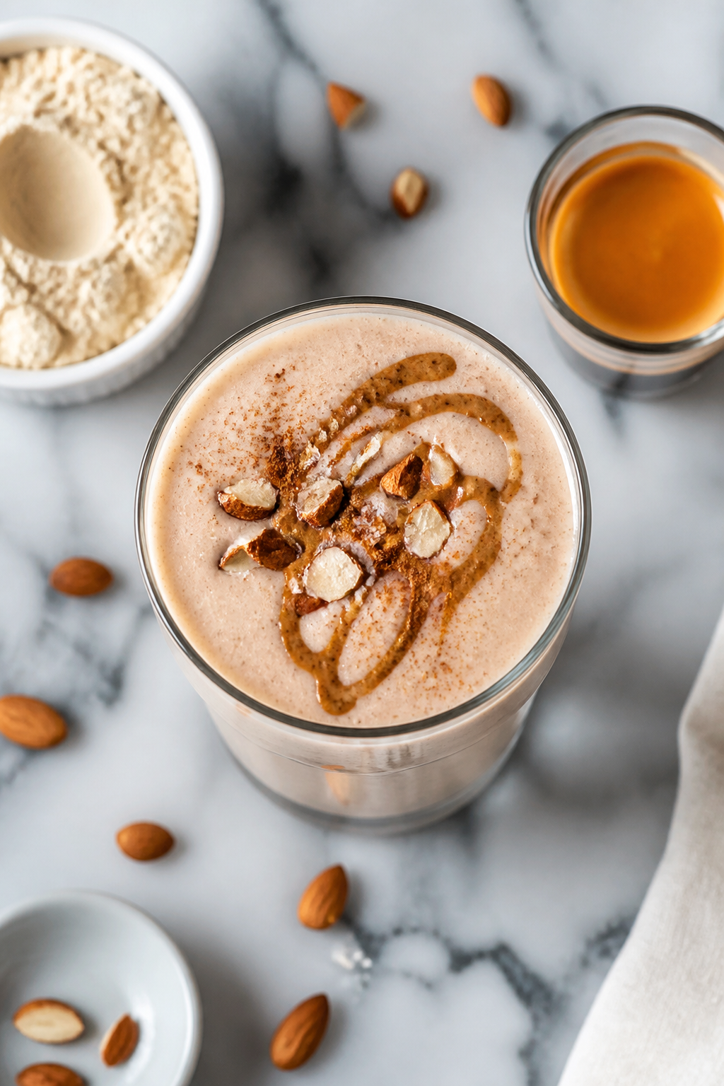 Tasty top view: Overhead shot of the finished Vanilla Almond Protein Shake in a clear highball glass