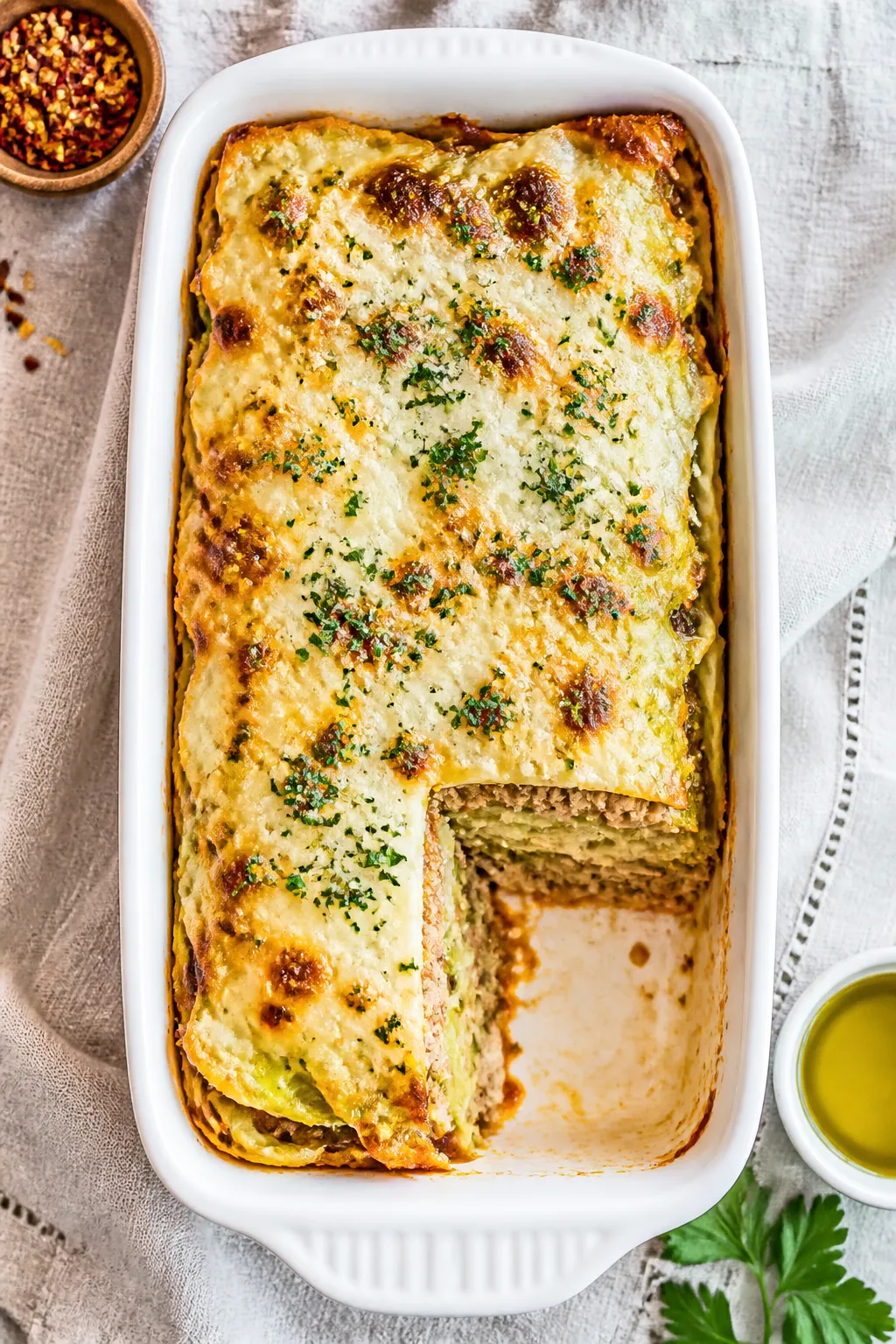 Tasty top view: Overhead shot of the layered Low Carb Cabbage Roll Casserole just out of the oven—