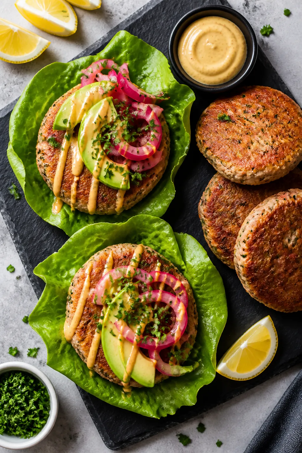 Tasty top view: Overhead shot of tuna burger lettuce wraps arranged on a slate boardâtwo open-face