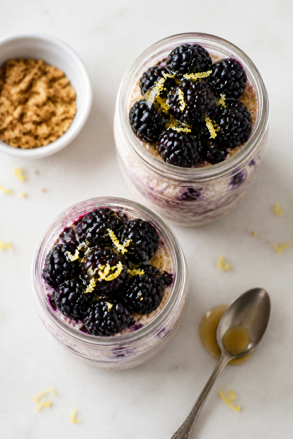 Tasty top view: Overhead shot of two 12–16 oz jars of prepared Blackberry Cheesecake Overnight Oat