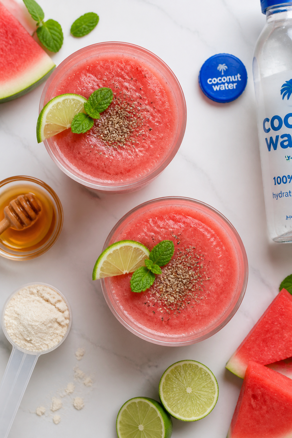 Tasty top view: Overhead shot of two finished High Protein Watermelon Smoothies in clear, frosted gl