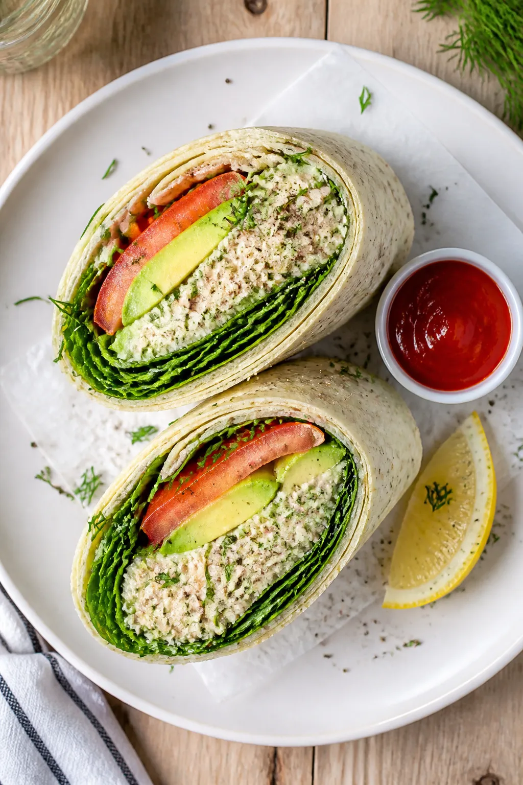 Tasty top view: Overhead shot of two freshly rolled Tuna Cottage Cheese Wrap halves, sliced on the b