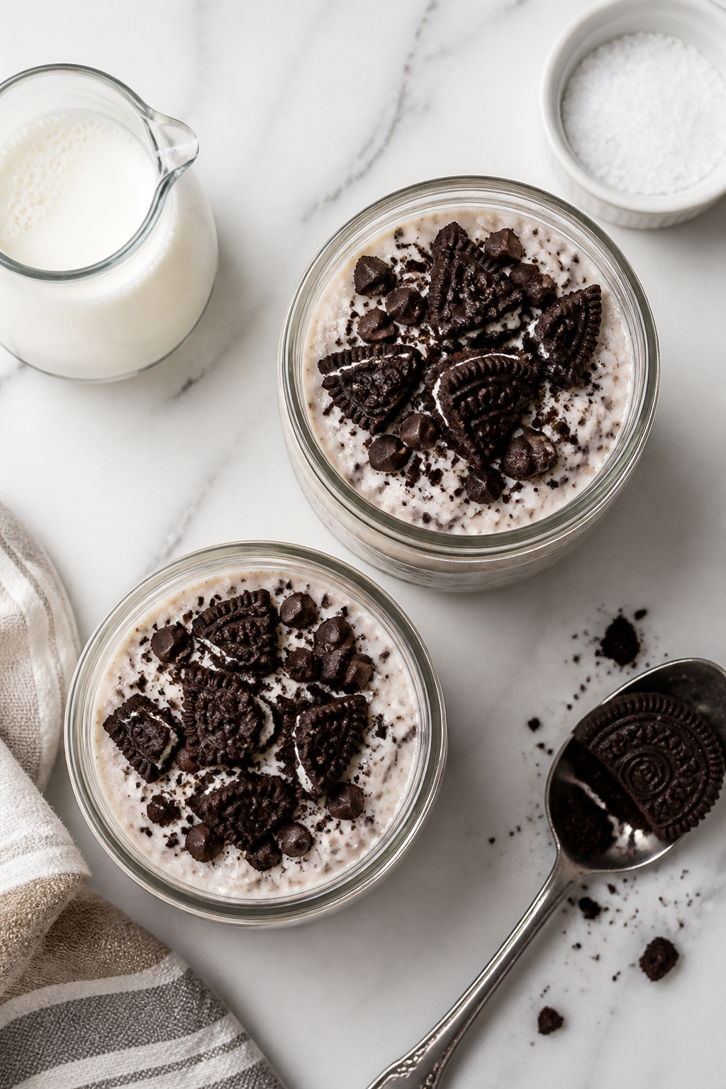 Tasty top view: Overhead shot of two meal-prep jars of Oreo Protein Overnight Oats on a white marble