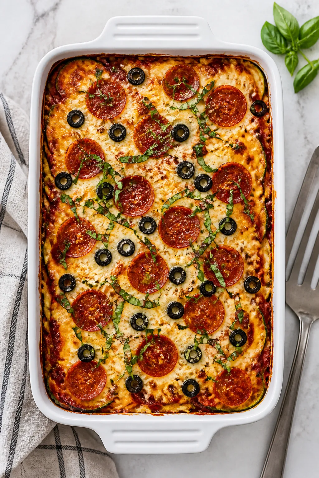 Tasty top view, overhead shot: Overhead shot of the finished Pizza Lover’s Zucchini Casserole just