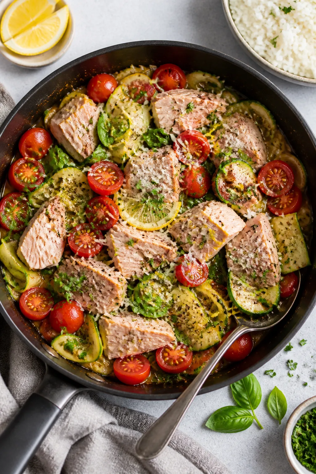 Tasty top view, overhead skillet finish: Overhead shot of the finished Tuna Zucchini Skillet in a la