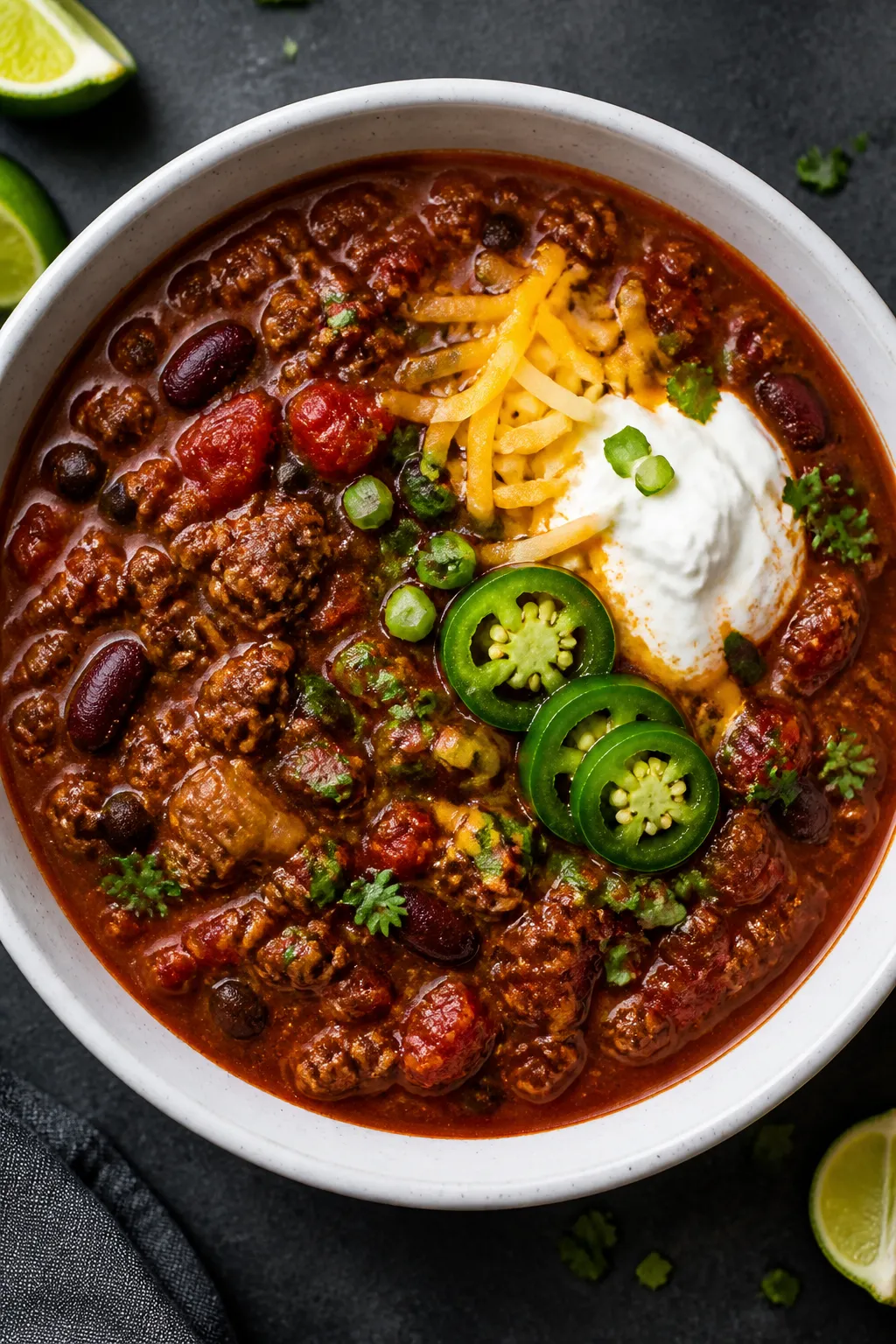 Tasty top view, overhead: Thick, hearty high-protein beef chili after simmering with crushed and dic