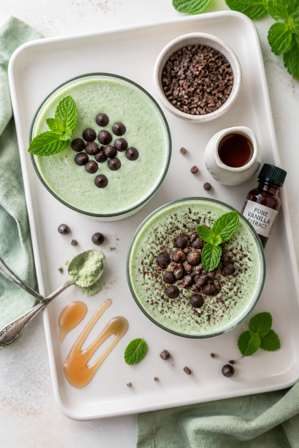 Tasty top view presentation: Overhead shot of two servings of the mint chocolate chip protein smooth