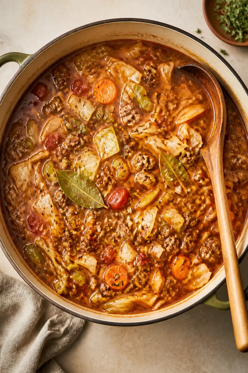 Tasty top view — Simmering soup with cabbage: Overhead shot of the soup mid-simmer in a large pot,