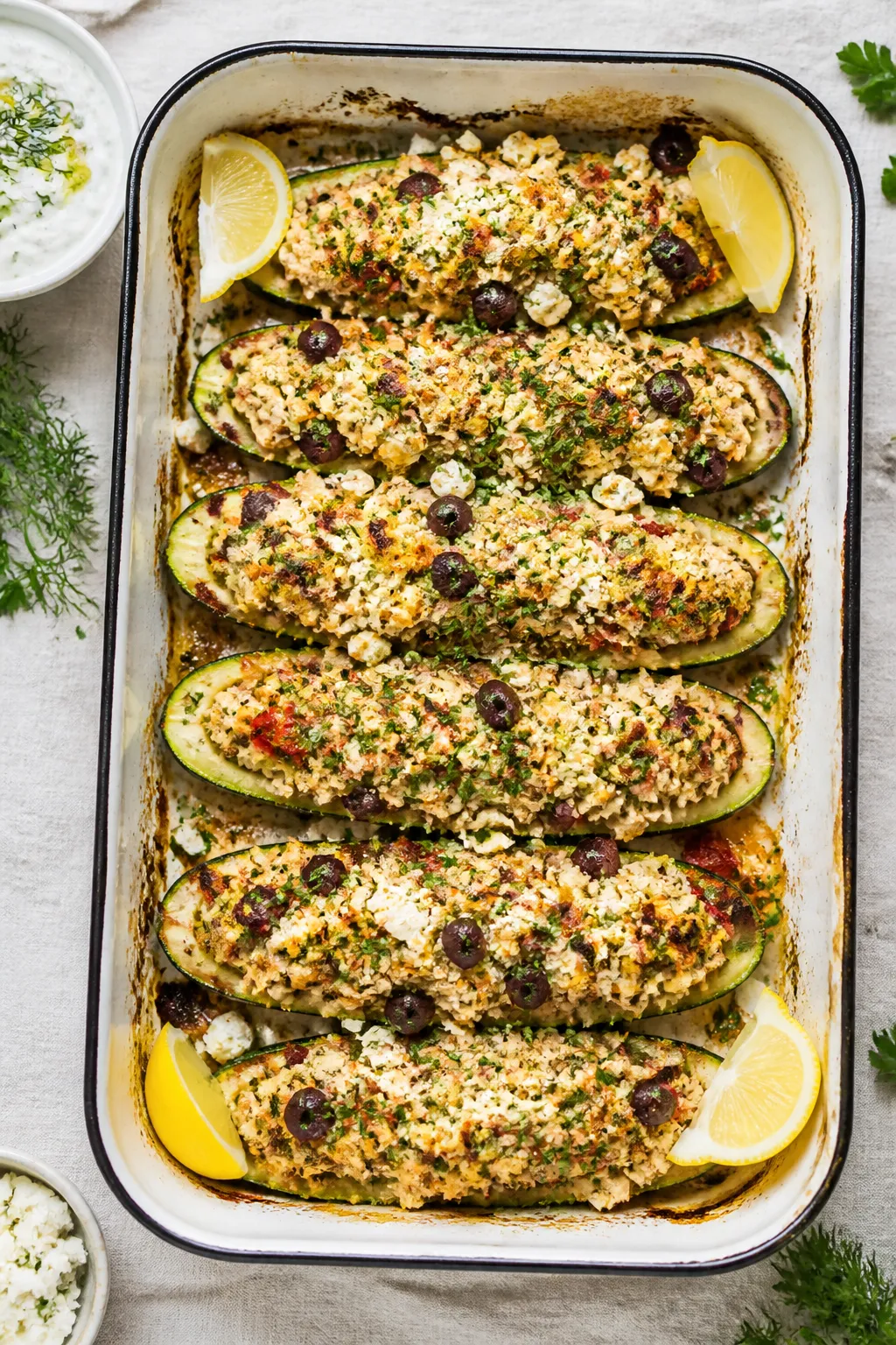 Tasty top view, stuffed and baked: Overhead shot of a baking dish filled with neatly arranged zucchi