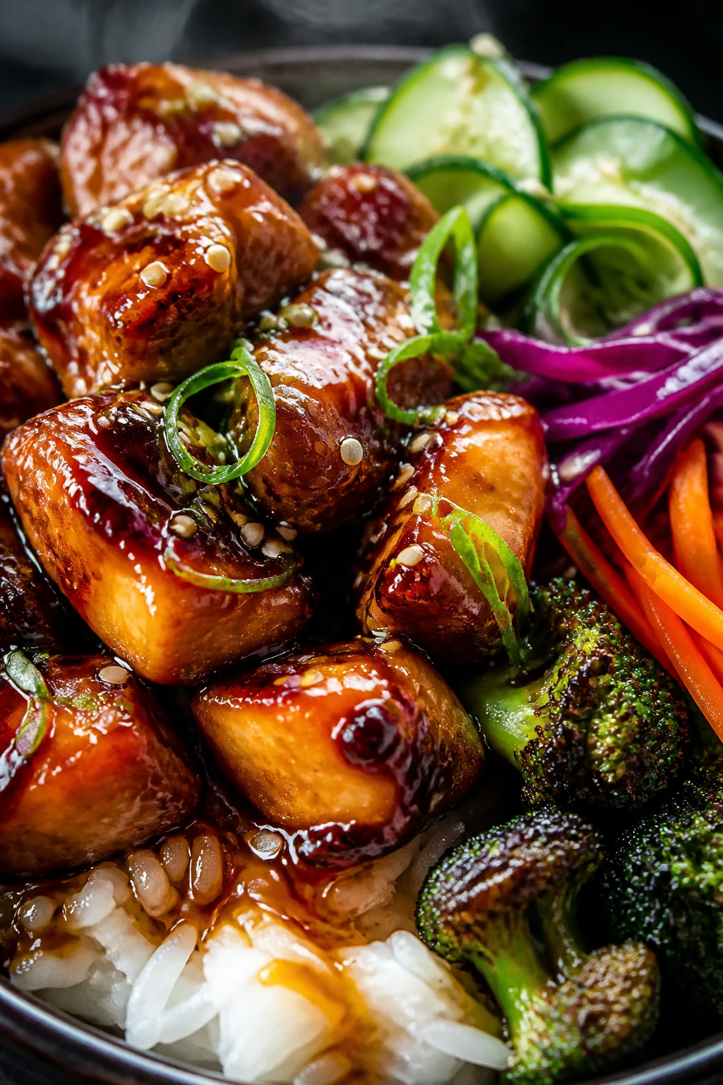 Extreme close-up of a steaming honey garlic chicken bowl: glossy, bite-sized chicken thighs coated in a thick, sticky honey-garlic glaze with visible sesame seeds, nestled over fluffy jasmine rice. Surround with crisp cucumber ribbons, thinly sliced red cabbage, julienned carrots, and scallion curls. Add a few charred broccoli florets and a drizzle of extra glaze pooling on the rice. Natural window light, shallow depth of field, moody dark background, high contrast, no text.