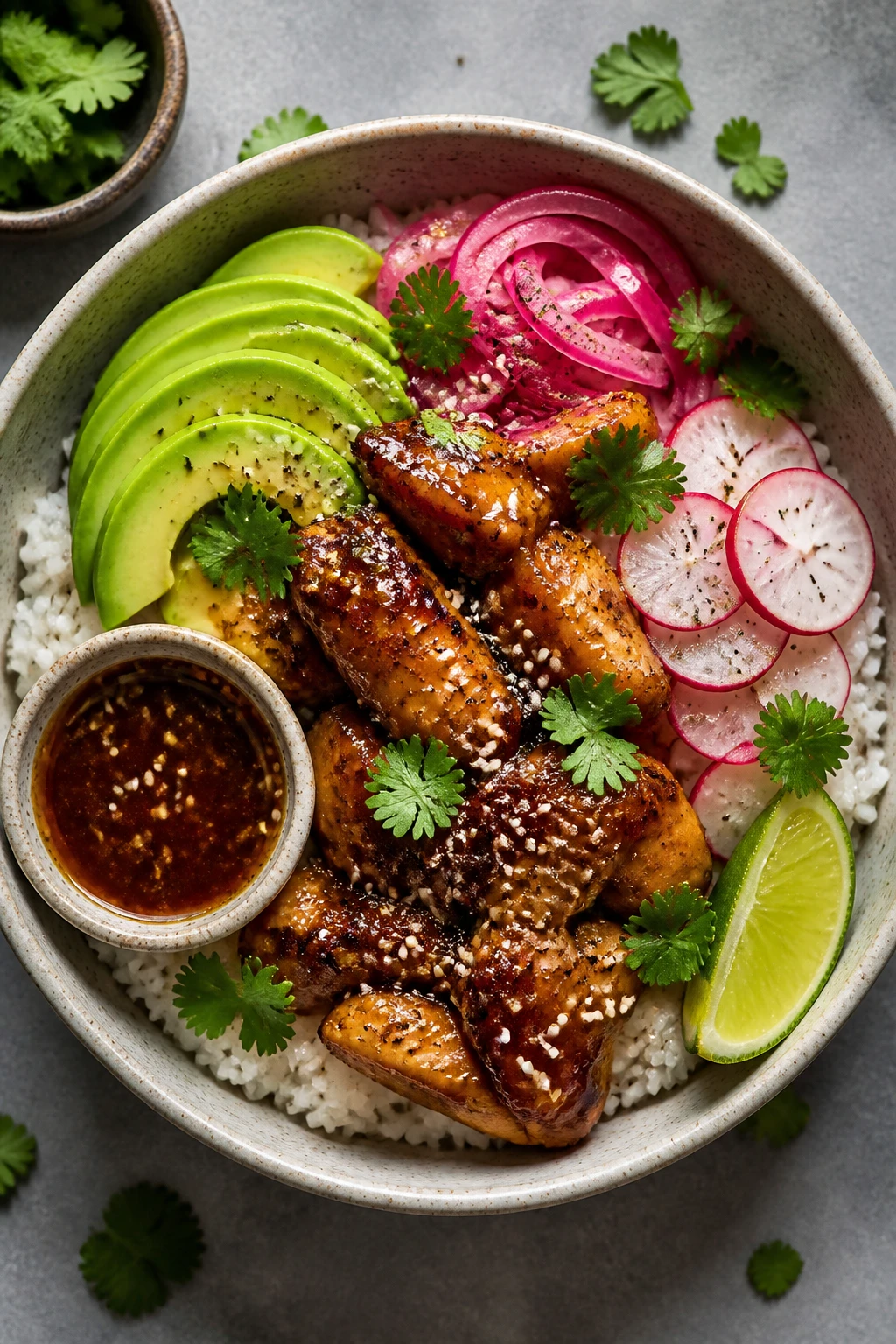 Overhead close-up of a build-your-own bowl moment: warm rice mounded in a ceramic bowl, topped with glistening honey-garlic chicken, avocado fan, quick-pickled onions, shaved radish, and cilantro leaves. A small ramekin of extra sticky sauce and a wedge of lime tucked to the side. Sprinkle of toasted sesame and cracked black pepper on top. Clean stone surface, soft natural light, vibrant colors, appetizing shine, no utensils or hands.