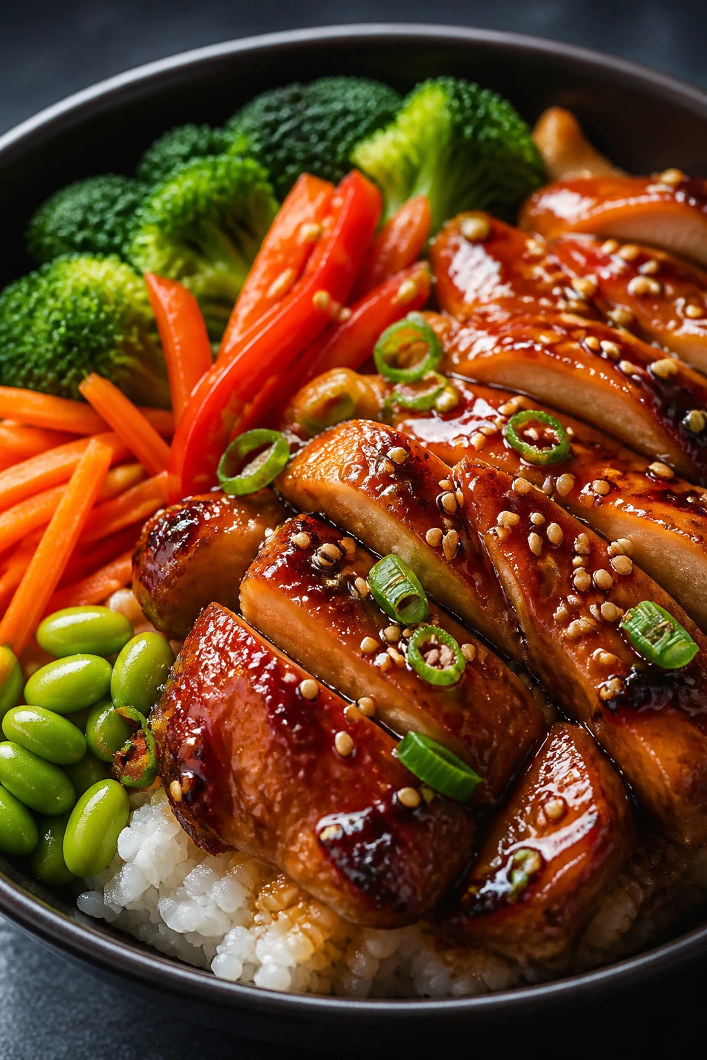Extreme close-up of a glossy teriyaki chicken veggie bowl in a matte black bowl: caramelized chicken thighs sliced into bite-size pieces coated in thick, shiny teriyaki glaze; vibrant steamed broccoli florets, thinly sliced red bell pepper, julienned carrots, and edamame arranged over fluffy white jasmine rice; a drizzle of extra sauce pooling slightly on the rice, scattered toasted sesame seeds and finely sliced scallions; soft window light from the side creating appetizing highlights, shallow depth of field with focus on the glistening chicken and sesame seeds, dark neutral background for contrast, no text, no hands, hyper-real food photography.