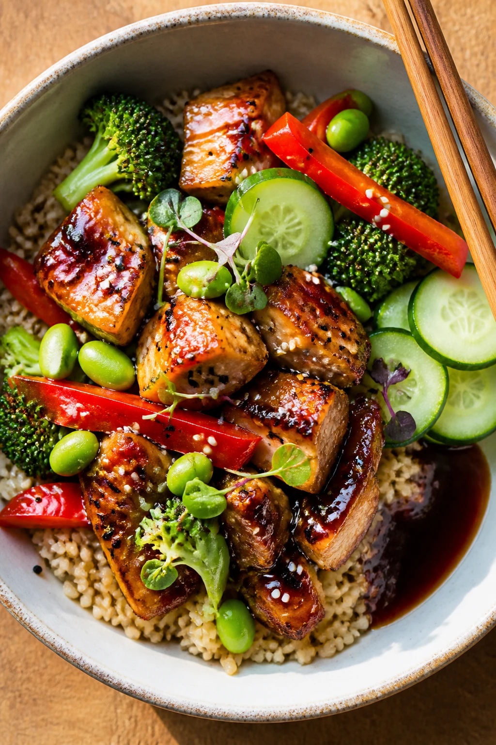 Close-up overhead of a just-assembled bowl: base of warm brown rice topped with lacquered teriyaki chicken chunks, charred edges, and colorful veggies (broccoli, red pepper strips, edamame, thin cucumber rounds for crunch); a small puddle of extra glaze to one side, sprinkled black and white sesame seeds and a few microgreens; chopsticks resting on the rim but cropped so no fingers appear; natural daylight, soft shadows, high saturation to make colors pop, minimal rustic tabletop surface, no text.
