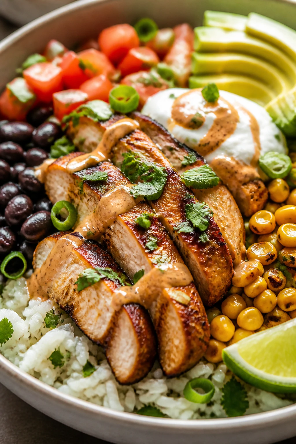 Extreme close-up hero shot of a Southwest Chicken Burrito Bowl, filling the frame with glossy, sliced chipotle-lime chicken thighs piled over fluffy cilantro-lime rice, charred sweet corn kernels, shiny black beans, diced ripe tomatoes, creamy avocado fan, and a dollop of tangy sour cream drizzled with smoky chipotle crema. Sprinkle of chopped fresh cilantro and thinly sliced green onions on top, lime wedge tucked at the edge, light oil sheen on chicken, vibrant saturated colors, shallow depth of field, soft natural window light, matte ceramic bowl with minimal background blur, premium food-blog styling.