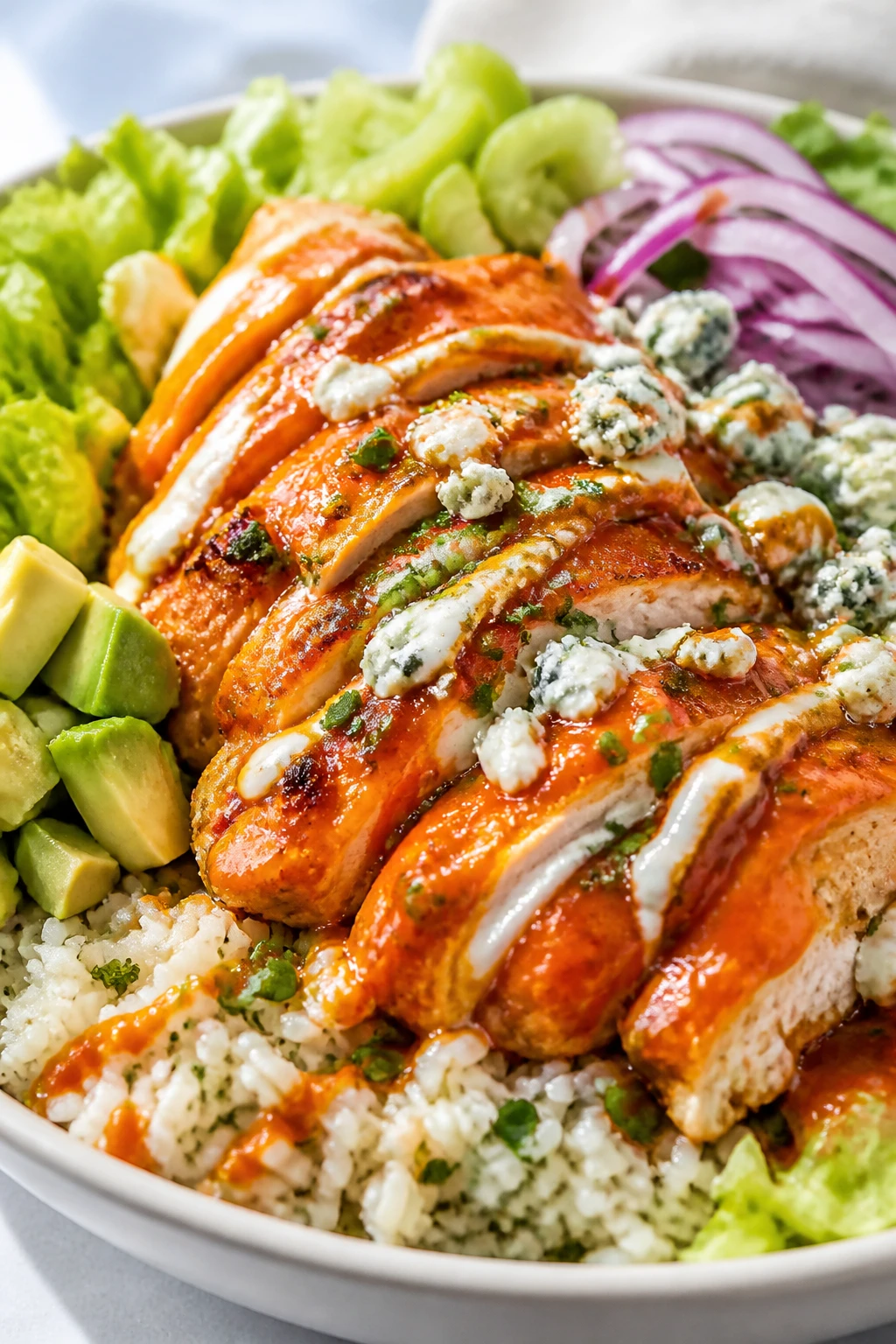 Ultra close-up hero shot of a Buffalo Chicken Ranch Bowl: sliced, juicy grilled chicken thighs tossed in glossy bright-orange buffalo sauce, arranged over warm cilantro-lime rice with crisp romaine, thinly sliced celery and red onion, diced avocado, and crumbled blue cheese; generous zigzag drizzle of creamy ranch and a final sprinkle of chopped chives; a few buffalo-sauced drips on the rice; vibrant colors, steam subtly rising; bright natural window light from the left, shallow depth of field, 90â95% frame filled with the bowl, soft neutral background and minimal props for a premium food-blog look.