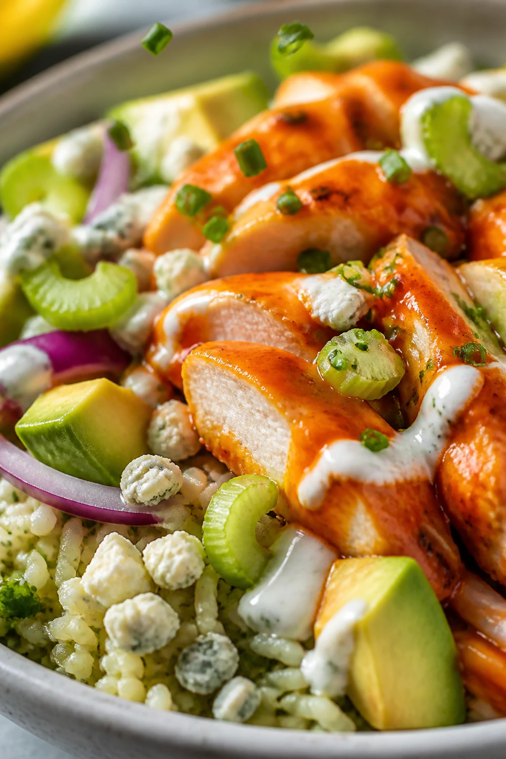 Macro detail angle from the opposite side: tight close-up of the same finished Buffalo Chicken Ranch Bowl focusing on saucy chicken slices nestled into cilantro-lime rice with visible grains, creamy avocado cubes, crunchy celery crescents, paper-thin red onion, blue cheese crumbles, and a glossy ranch drizzle pooling in places; a few sesame-like chive bits falling mid-air; bright natural lighting, shallow depth of field, rich saturated colors, 90â95% frame filled with food, consistent styling and background with the first two images.