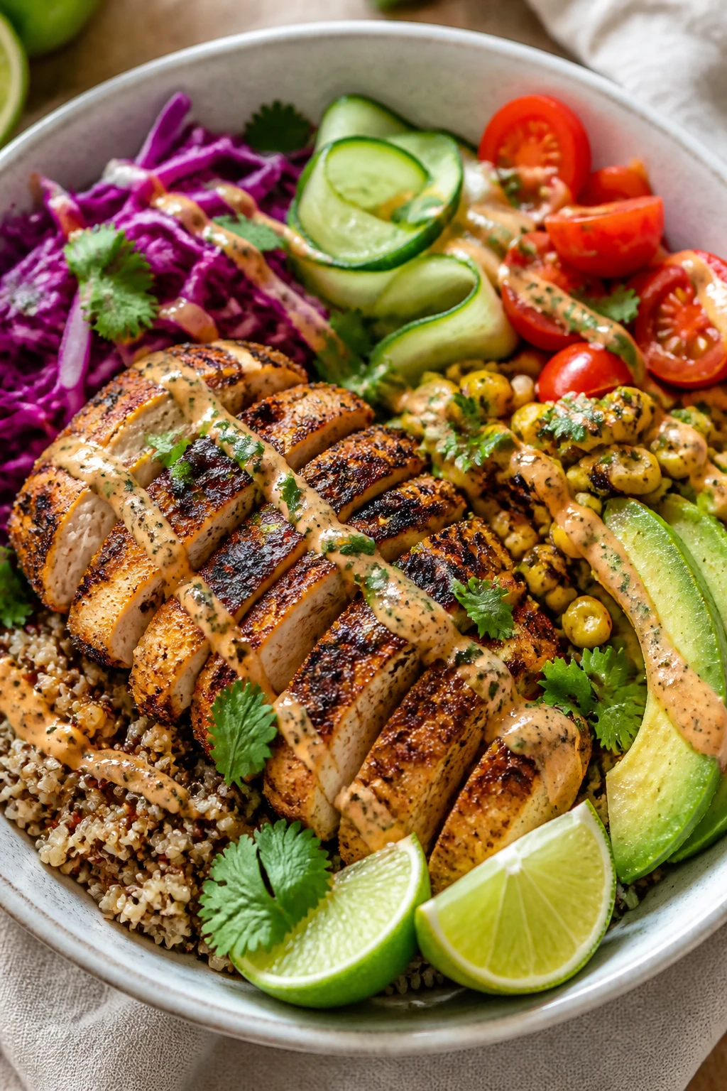 Ultra-close hero shot of a Cajun Chicken Power Bowl: charred, juicy sliced Cajun-spiced chicken breast fanned over warm quinoa-brown rice blend, nestled with crunchy shredded red cabbage, thin cucumber ribbons, cherry tomatoes halved, charred corn, creamy avocado slices, and a drizzle of glossy chipotle-lime yogurt sauce; garnished with fresh cilantro and lime wedges. Bright natural side light, shallow depth of field, 90â95% frame filled with the bowl, vibrant reds, greens, and golden browns, steam subtly rising, light matte ceramic bowl on a neutral linen with minimal props, professional food-blog styling, crisp textures and glistening sauce highlights.
