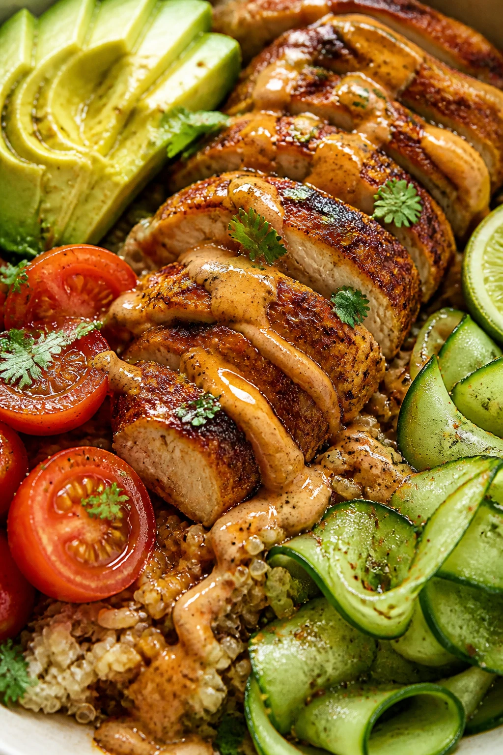 Tight angled close-up from slightly overhead: focus on the center where the sliced Cajun chicken meets the quinoa-brown rice bed, with sauce drizzled in silky ribbons, avocado shimmering, cherry tomatoes juicy, cucumber ribbons crisp, and flecks of Cajun spice visible; micro-beads of moisture on veggies, a few cilantro leaves scattered, lime wedge edge peeking. Bright natural window light with soft shadows, shallow depth of field, 90â95% frame filled, cohesive with the hero image, emphasizing char, spice crust, glossy sauce, and vibrant color contrast.