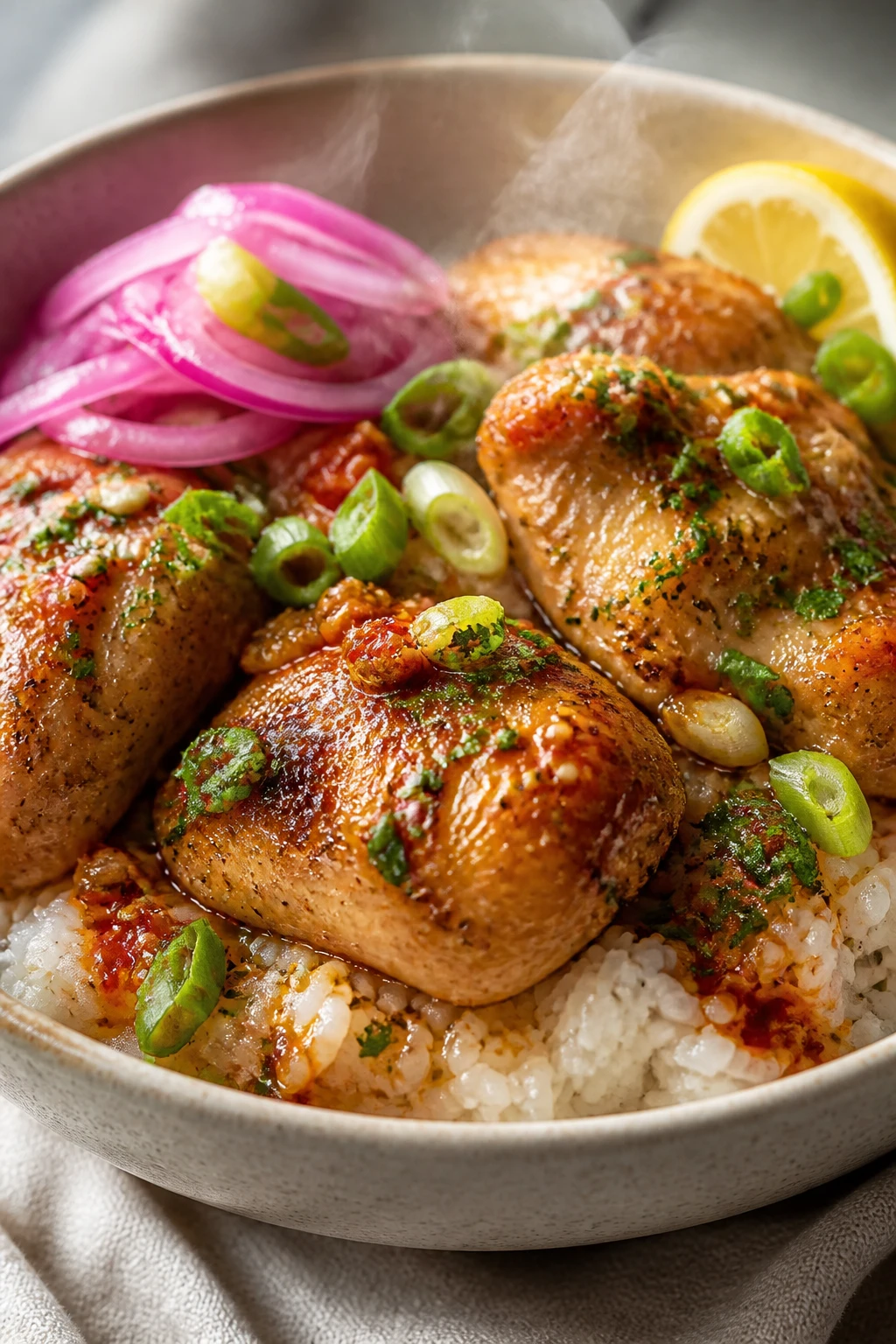 Ultra close-up hero shot of a Garlic Butter Chicken Rice Bowl: glossy, golden-browned chicken thigh pieces nestled over fluffy white rice, bathed in silky garlic-butter sauce with visible garlic bits and flecks of fresh parsley; toppings include thinly sliced green onions, quick-pickled red onions, a sprinkle of toasted sesame seeds, and a drizzle of chili crisp pooling slightly on the rice; a lemon wedge tucked at the rim; steam visibly rising; bright natural window light from the left, soft reflector fill on the right; shallow depth of field, 90â95% frame filled with the bowl, creamy ceramic bowl on a neutral linen, premium food-blog styling.