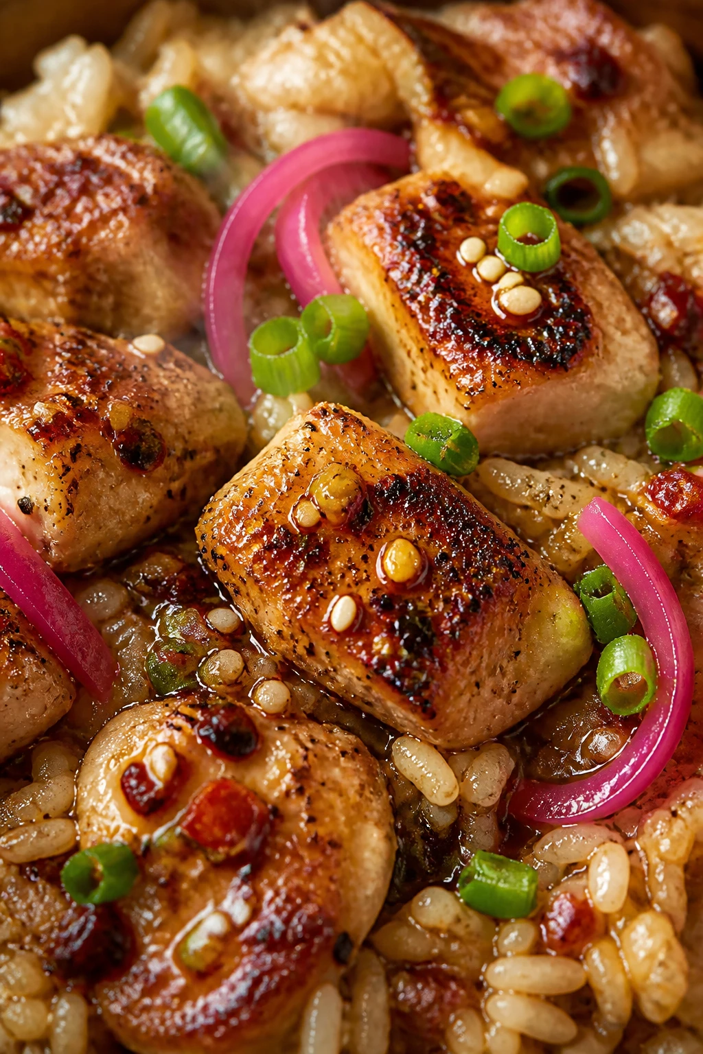 Macro angle from slightly overhead: tight close-up on the bowlâs center showing juicy, caramelized edges of chicken glistening in garlic-butter, sauce pooling in the rice valleys, scattered green onions, pickled red onion curls, sesame seeds, and a light drizzle of chili crisp; a faint squeeze of lemon mist implied by a gleam on the chicken; steam rising; bright, natural light with gentle highlights, soft shadows, shallow depth of field; 90â95% frame filled with food, consistent styling with the first image.