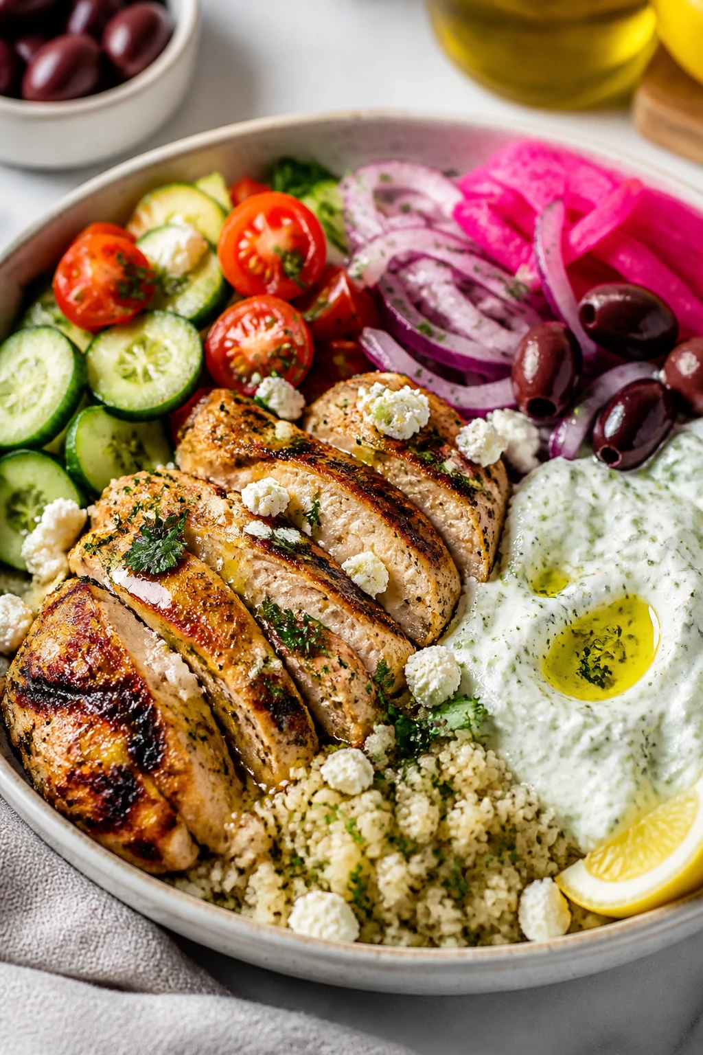 Hero image of a Mediterranean Chicken Bowl: ultra-close, bright natural side lighting, shallow depth of field. A low, wide ceramic bowl filled 90–95% of frame with lemon-and-oregano grilled chicken thighs sliced into glossy, juicy strips with light char; a mound of fluffy herbed couscous (or quinoa) with visible parsley; creamy swirls of thick tzatziki with olive oil sheen; ribbons of crunchy cucumber and cherry tomatoes halved and glistening; thinly sliced red onion, briny Kalamata olives, and quick-pickled pink turnips; crumbles of feta; a sprinkle of chopped dill and parsley; a wedge of lemon catching highlights; a light drizzle of golden extra-virgin olive oil across chicken and grains. Shot on a matte white tabletop with soft linen napkin and minimal neutral props blurred in the background to keep focus on vivid textures and colors. No text, no hands.