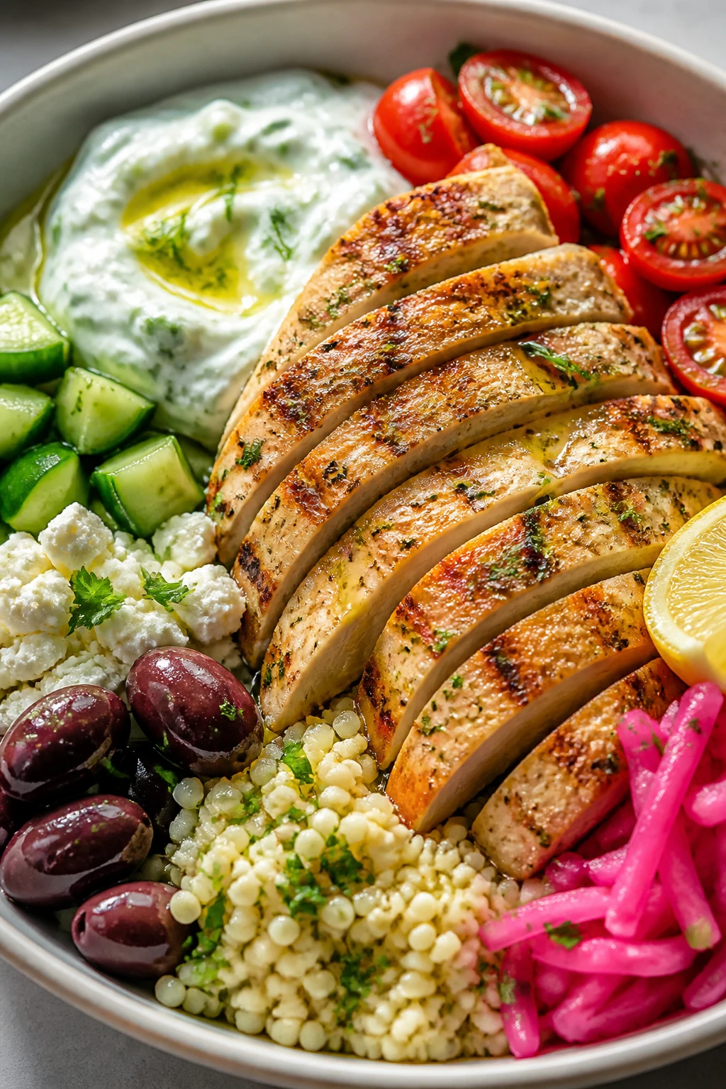 Close-up angle variation: top-down meets three-quarter macro shot, filling 90–95% of frame with the same finished Mediterranean Chicken Bowl. Focus on textures—succulent sliced chicken with light grill marks, glossy tzatziki swirled with olive oil and tiny cucumber flecks, fluffy couscous pearls, bursty cherry tomatoes, crisp cucumber, feathery dill and parsley, salty feta crumbles, shiny Kalamata olives, and vibrant pink pickled turnips. A delicate drizzle of olive oil and a squeeze of lemon visibly glistening on the chicken and grains. Bright natural side light, soft shadows, shallow depth of field, minimal neutral background, cohesive with the hero image.