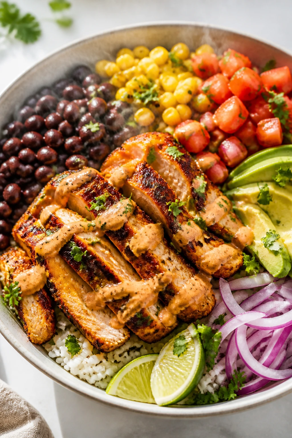 Stunning hero image of a Chipotle Chicken Bowl: an ultra-close, top-down three-quarter angle showing a deep ceramic bowl packed to the brim and filling 90–95% of the frame. Juicy chipotle-marinated grilled chicken sliced into glossy, charred strips sits over fluffy cilantro-lime rice, surrounded by neat sections of black beans, flame-roasted corn, diced ripe tomatoes, creamy avocado fan, thinly sliced red onions, and a sprinkle of chopped cilantro. A drizzle of tangy chipotle-lime crema glistens across the chicken, with lime wedges tucked on the side. Bright natural window light from the left, shallow depth of field with buttery bokeh on the far rim, vibrant colors, steam subtly rising, and premium food-blog styling on a light, neutral background.