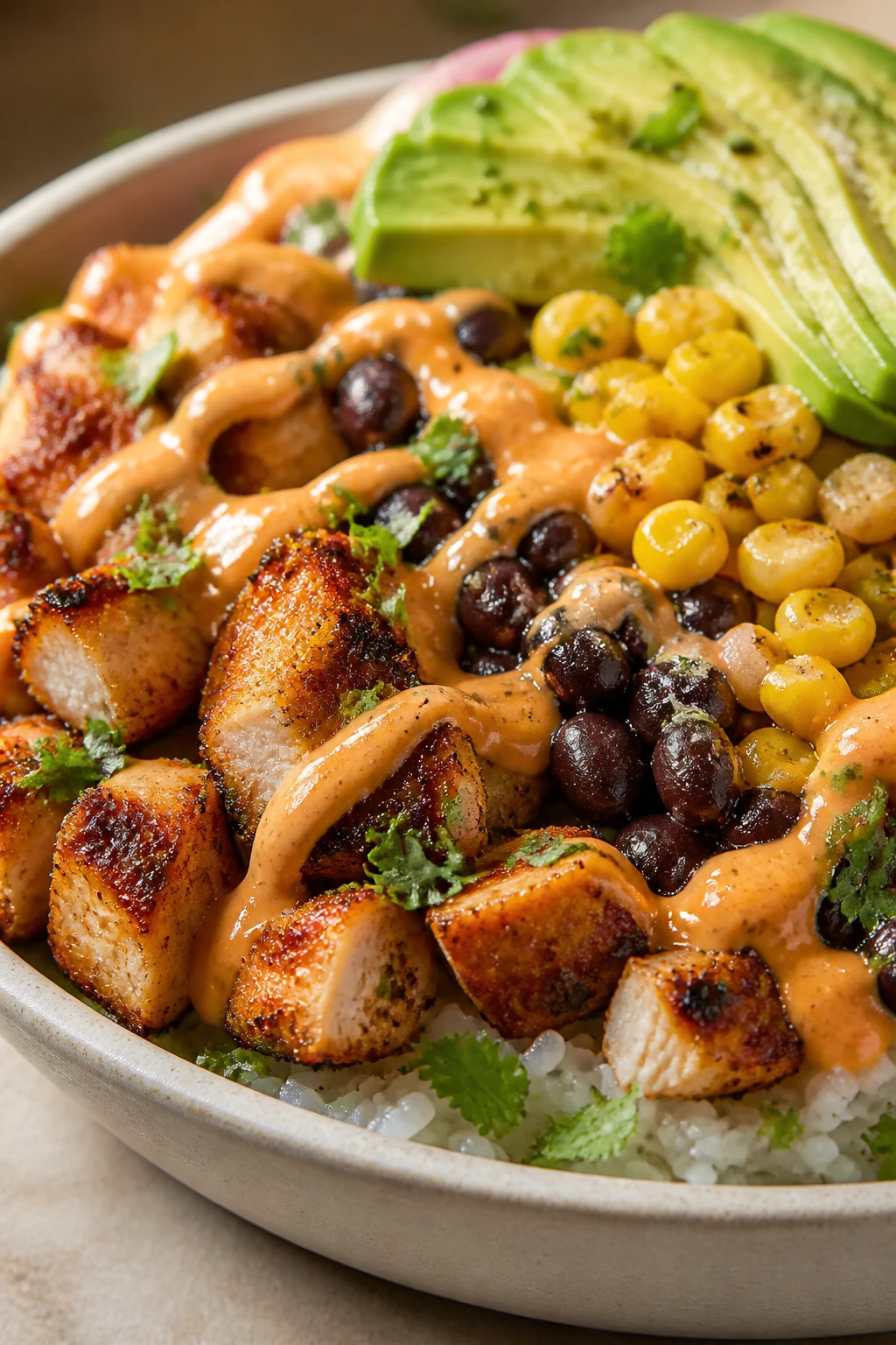 Lush close-up from a low side angle focusing on texture: the same Chipotle Chicken Bowl filling 90–95% of the frame, with emphasis on the caramelized edges of the chipotle chicken, glossy chipotle-lime crema ribbons, plump black beans, char-speckled corn, and creamy avocado fan dusted with flaky salt and fresh cilantro. A squeeze of lime has left tiny droplets on the chicken and rice, making everything look fresh and dewy. Bright natural lighting, shallow depth of field isolating the front edge of the bowl, warm neutral surface, cohesive premium food styling consistent with the first two images.