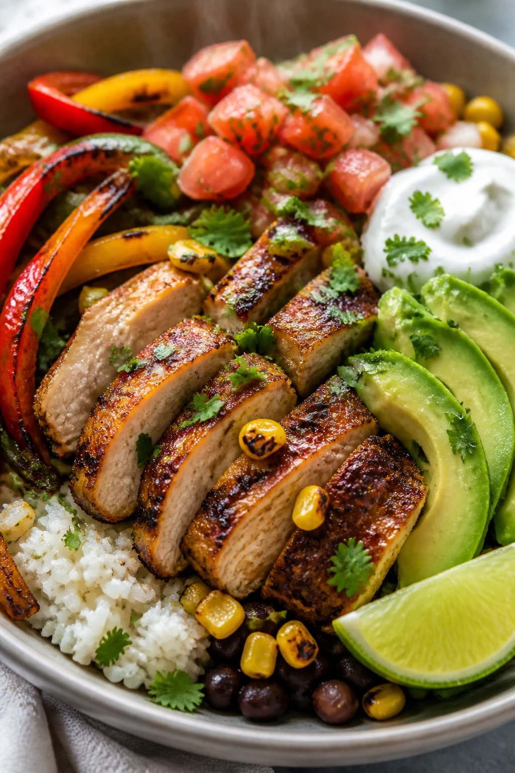 Ultra-close-up hero shot of a Chicken Fajita Bowl: sliced, juicy seared chicken breast with light char and glistening fajita spice rub, nestled over fluffy white rice; blistered red, yellow, and green bell peppers and caramelized onions with smoky edges; creamy avocado slices fanned on the side; fresh pico de gallo with glossy tomatoes; a dollop of sour cream; lime wedge tucked in; sprinkle of chopped cilantro and a few charred corn kernels; optional black beans peeking through; everything lightly glossed with a squeeze of lime so it shines. Shot in bright natural window light, shallow depth of field, 90â95% of frame filled with the bowl, premium food-blog styling on a neutral ceramic bowl with a subtle linen beneath, vivid colors, steam subtly rising.