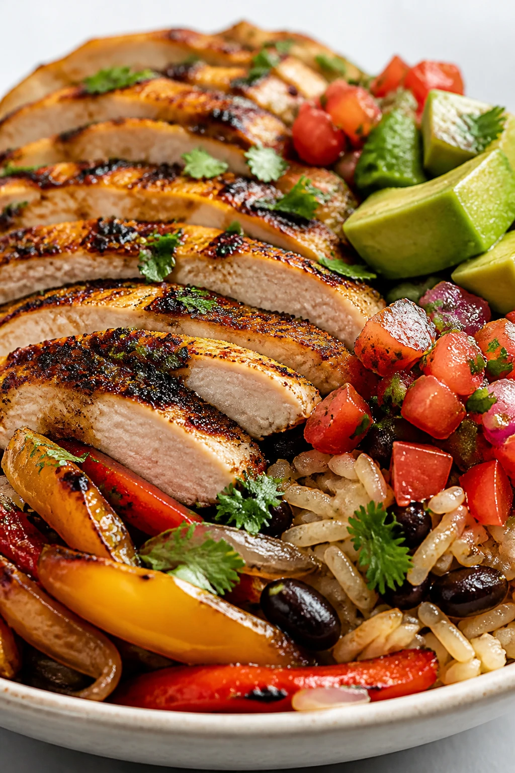 Extreme close-up angle from low and side-on of the same finished Chicken Fajita Bowl focusing on texture: the sliced chicken fanned across rice with visible juice glistening in the grain, crisped spice crust, charred bell peppers and onions with smoky blister marks, creamy avocado with fine salt crystals, glossy pico de gallo juices mingling into the rice, a few black beans tucked between grains, cilantro scattered. No utensils, no hands. Bright natural top-side lighting, shallow depth of field isolating the front edge of the bowl, 90â95% food filling the frame, clean neutral backdrop, premium editorial styling.
