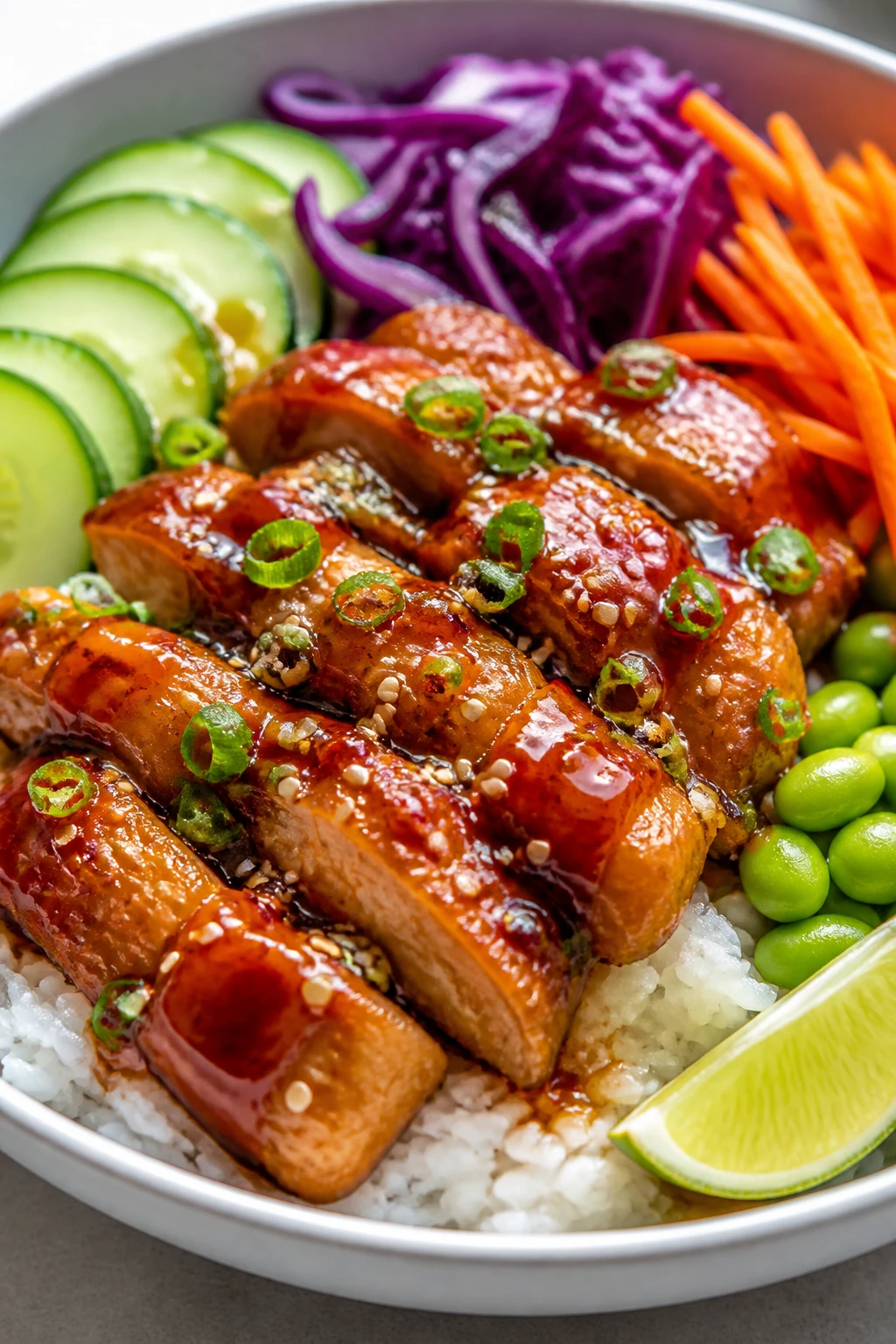 Ultra close-up hero shot of a Sweet Chili Chicken Bowl plated in a matte white shallow bowl: glossy sweet chiliâlacquered chicken thigh pieces with caramelized edges piled over fluffy white jasmine rice, ringed by crisp colorful veggiesâthinly sliced cucumbers, purple cabbage ribbons, carrot matchsticks, and bright edamame. A generous drizzle of sticky red-orange sweet chili sauce glistens on the chicken, with a final sprinkle of toasted sesame seeds and finely sliced green onions. A lime wedge nestles at the rim for brightness. Bright natural window light from the left, soft shadows, shallow depth of field that keeps the front third of the bowl tack-sharp. Premium food-blog styling, no text, no hands, food filling 90â95% of frame, same bowl and garnishes in every shot.