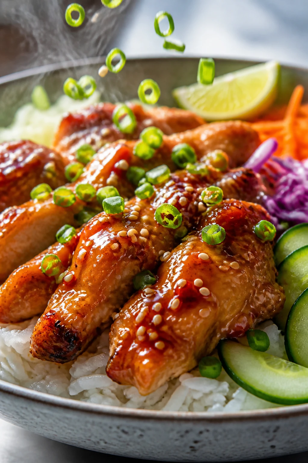 Macro side-angle close-up of the same finished Sweet Chili Chicken Bowl focusing on texture: crispy-edged chicken glazed in a high-gloss sweet chili sauce layered over steaming jasmine rice, with visible wisps of steam rising. Fresh sesame seeds and finely sliced green onions are mid-fall onto the chicken, frozen in time. The perimeter hints at crunchy cucumbers, cabbage, and carrots for color contrast, with a lime wedge softly blurred in the back. Bright natural light, shallow depth of field, rich colors, food filling 90â95% of frame, consistent bowl and styling with the other images.