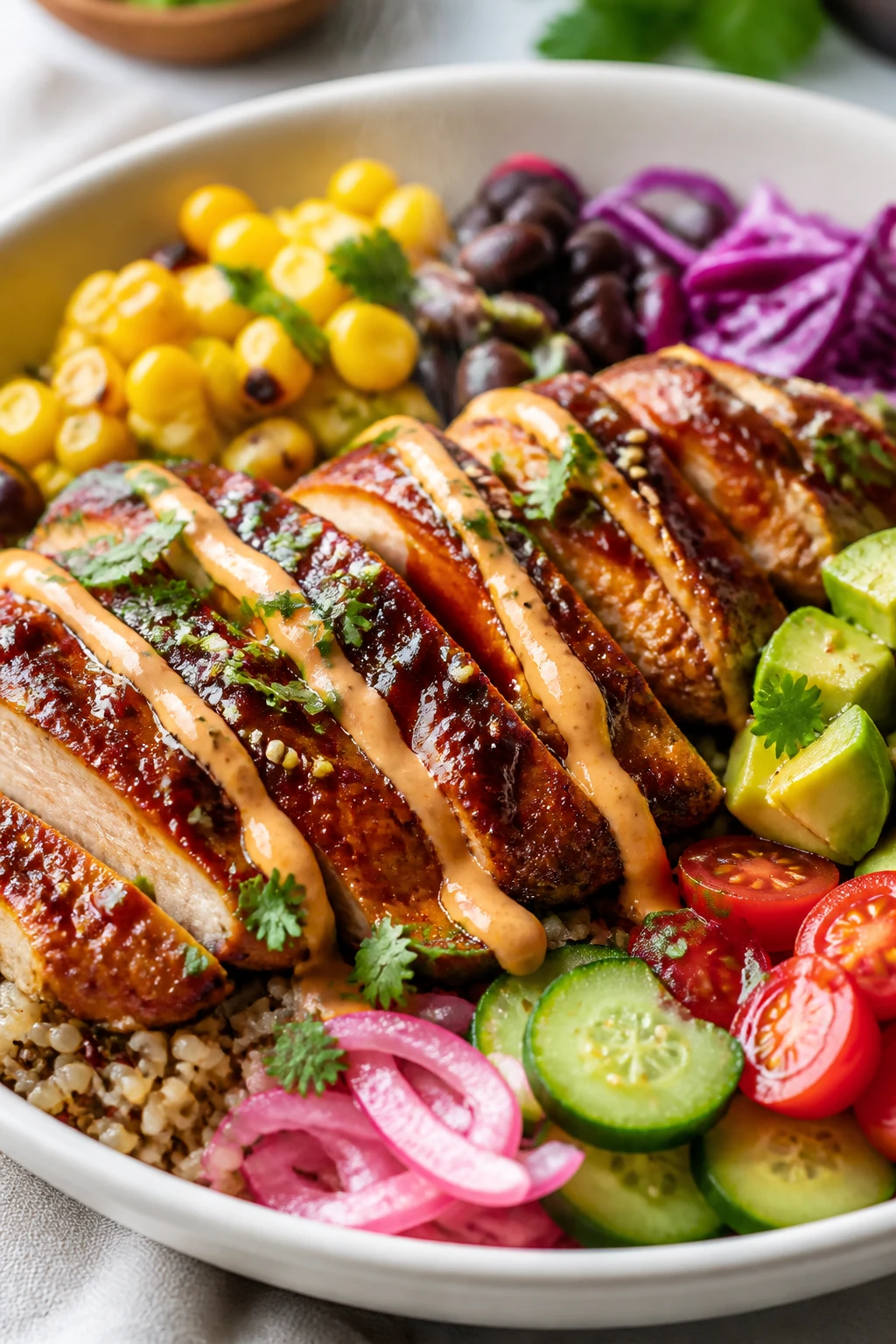 Ultra-close-up hero shot of a BBQ chicken protein bowl styled like a premium food blog: succulent grilled BBQ chicken thighs sliced and fanned over a base of fluffy brown rice and quinoa, glossy mahogany sauce clinging to charred edges; colorful layers include crisp corn kernels, black beans, shredded purple cabbage, diced ripe avocado, cherry tomatoes halved, thinly sliced cucumber, and quick-pickled red onions; a light drizzle of creamy chipotle-lime yogurt sauce zigzagged over the chicken, finished with chopped fresh cilantro and a sprinkle of toasted sesame seeds; served in a matte white shallow bowl to keep focus on vibrant colors; bright natural window light from the side, shallow depth of field, soft shadows, and steam subtly rising; food fills 90â95% of frame, no text, no hands, clean neutral linen and minimal props blurred in background.