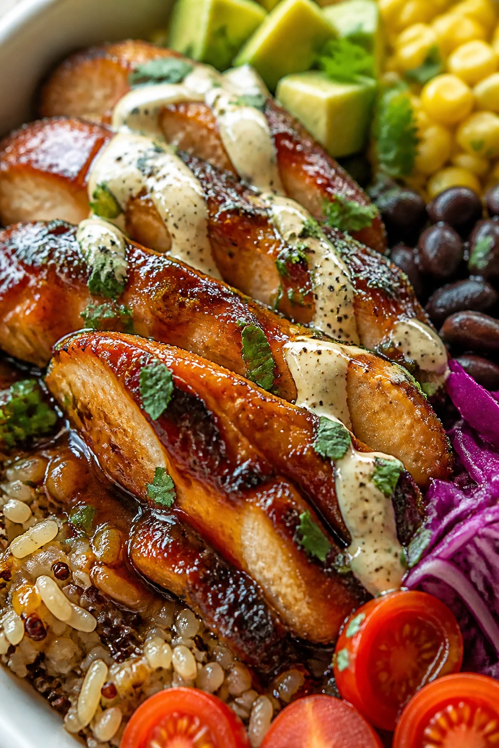 Extreme close-up from a low 45-degree angle of the same finished BBQ chicken protein bowl emphasizing texture and gloss: focus on the sliced chicken thighs with lacquered BBQ sauce pooling slightly in the grain bed, charred edges glistening; creamy chipotle-lime drizzle dotted with cracked black pepper, fresh chopped cilantro scattered over top; surrounding elements tightly framedâpearlescent brown rice-quinoa, juicy halved cherry tomatoes, crunchy shredded cabbage, black beans, sweet corn, and diced avocado; bright natural side light creating appetizing highlights, shallow depth of field isolating the saucy chicken while keeping the bowl cohesive; food fills 90â95% of frame, no hands, premium clean styling consistent with the other images.