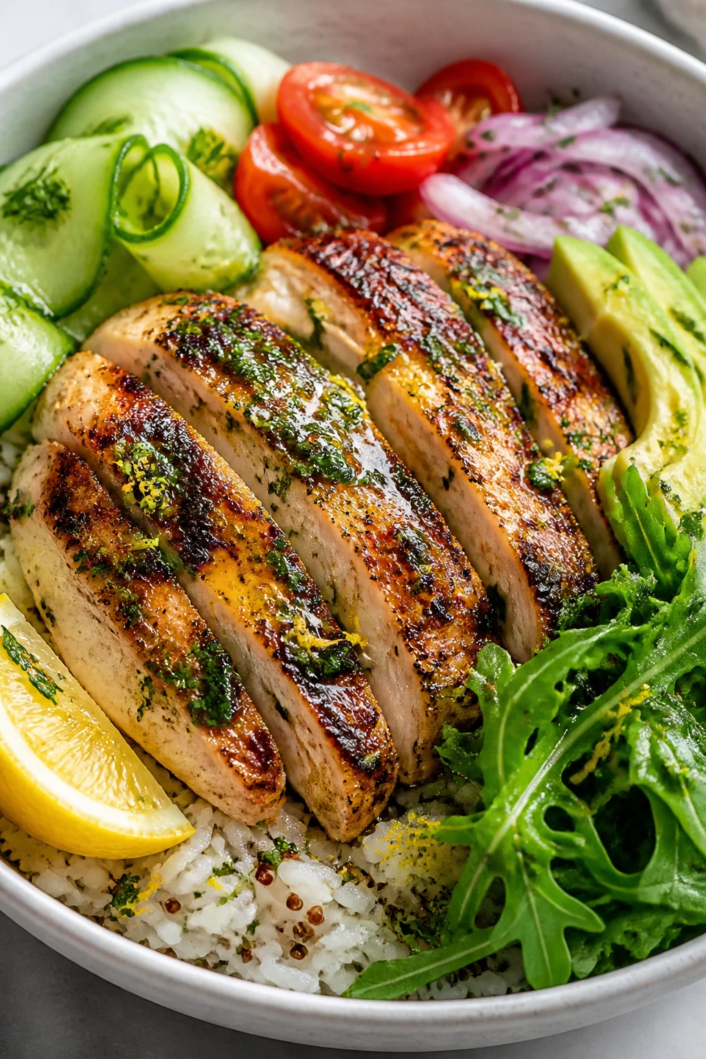 Ultra close-up hero shot of a Lemon Herb Chicken Bowl: sliced juicy grilled chicken thighs with golden sear marks glistening with a lemon-garlic herb dressing, arranged over fluffy white rice with warm quinoa mixed in, surrounded by vibrant toppings—cucumber ribbons, cherry tomato halves, thin red onion, avocado slices, and a handful of fresh arugula. Finely chopped parsley and dill scattered on top, lemon zest sparkles, micro-droplets of dressing catching the light. A small lemon wedge tucked at the edge of the bowl. Bright natural side lighting, shallow depth of field, clean neutral background, 90–95% of frame filled with the bowl, premium food-blog styling, cohesive colors: sunny yellow, herbaceous green, glossy charred chicken.